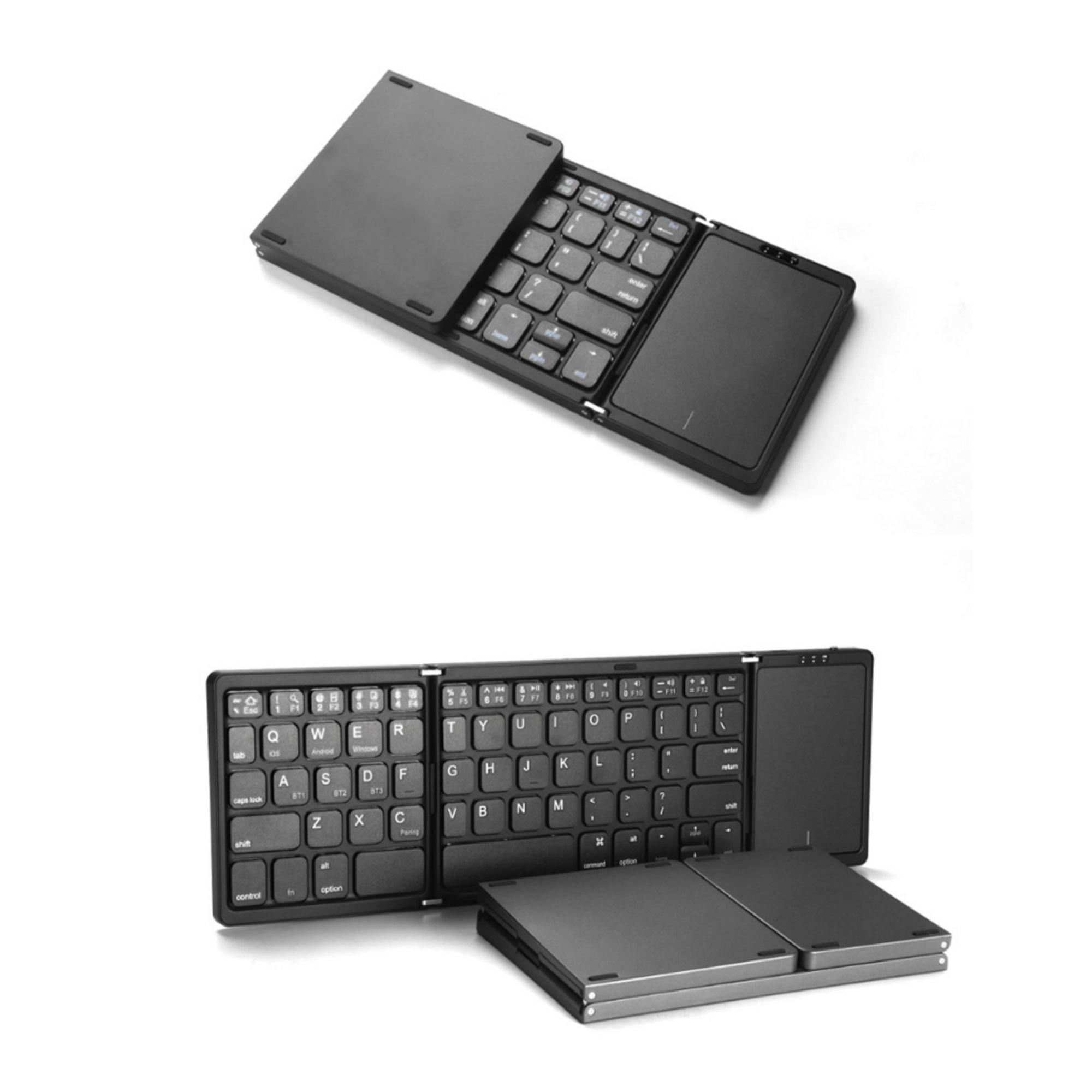 Faltbare Tastatur, schwarz, offene und geschlossene Ansicht.