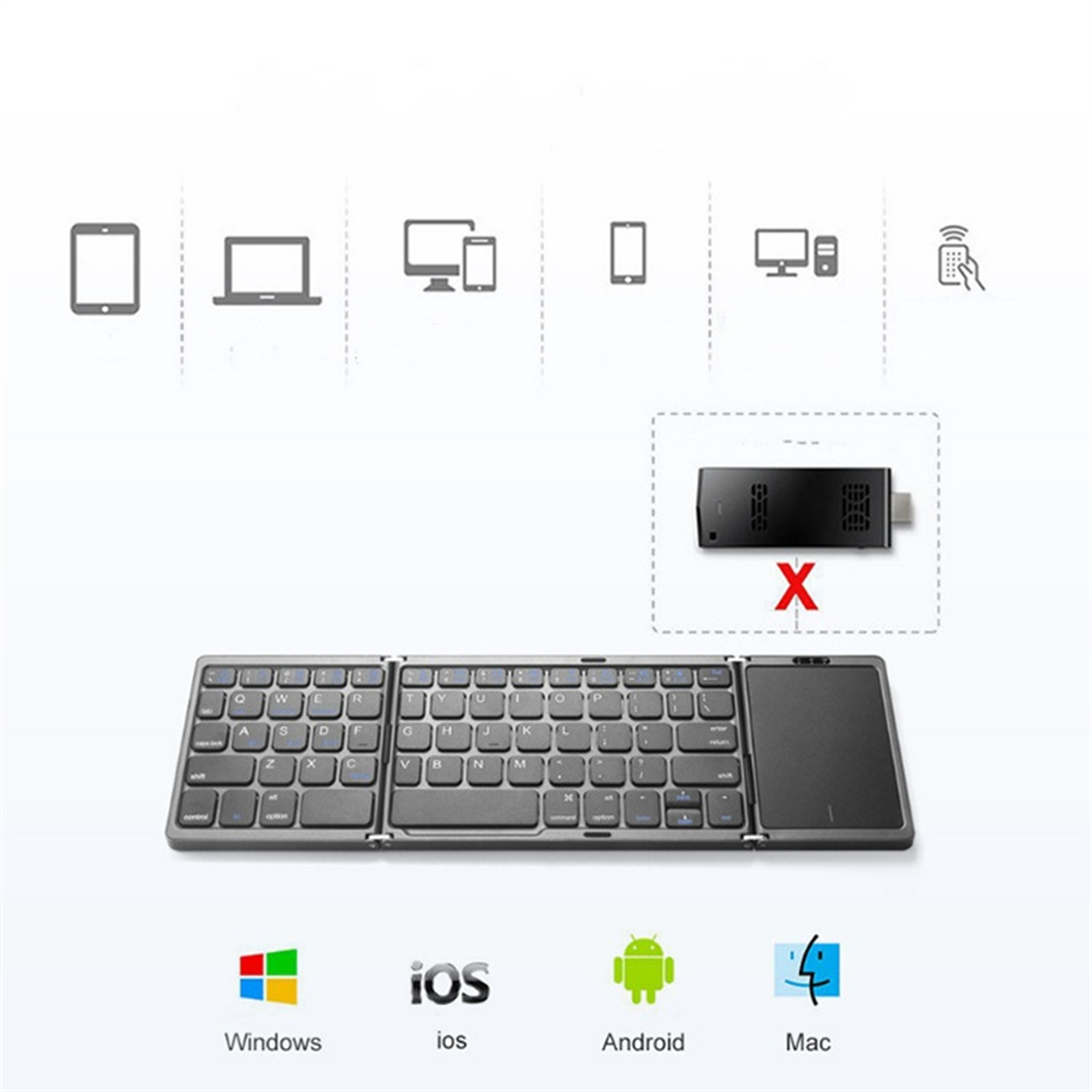 Faltbare Bluetooth-Tastatur mit Touchpad. Kompatible Geräte: Tablets, Laptops und Smartphones.