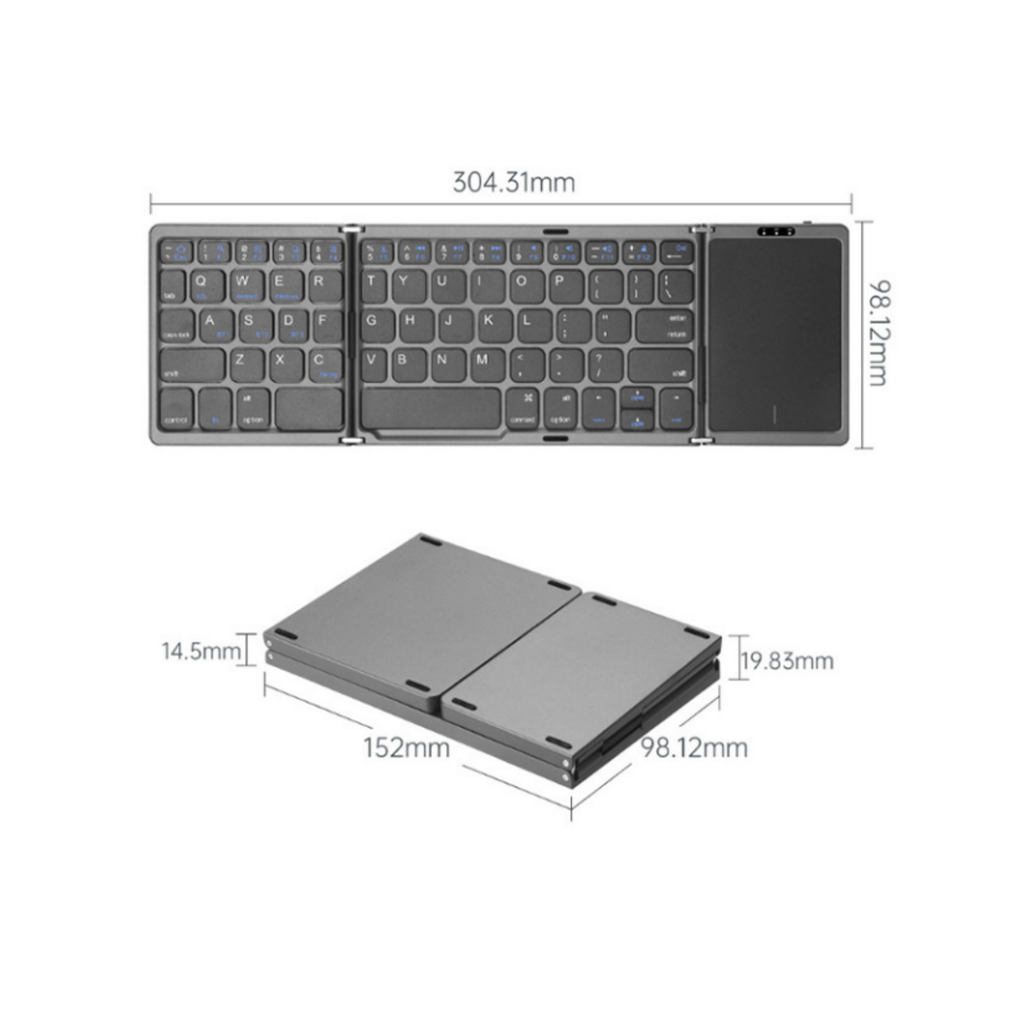 Faltbare Tastatur, Draufsicht und Unteransicht, mit Abmessungen. Graue Farbe. Weißer Hintergrund.