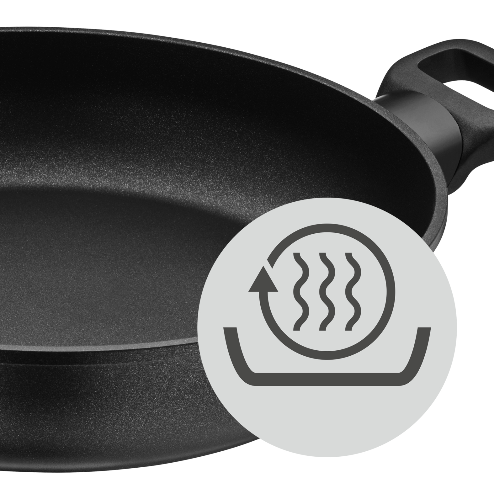 Poêle noire avec un symbole indiquant l'induction.