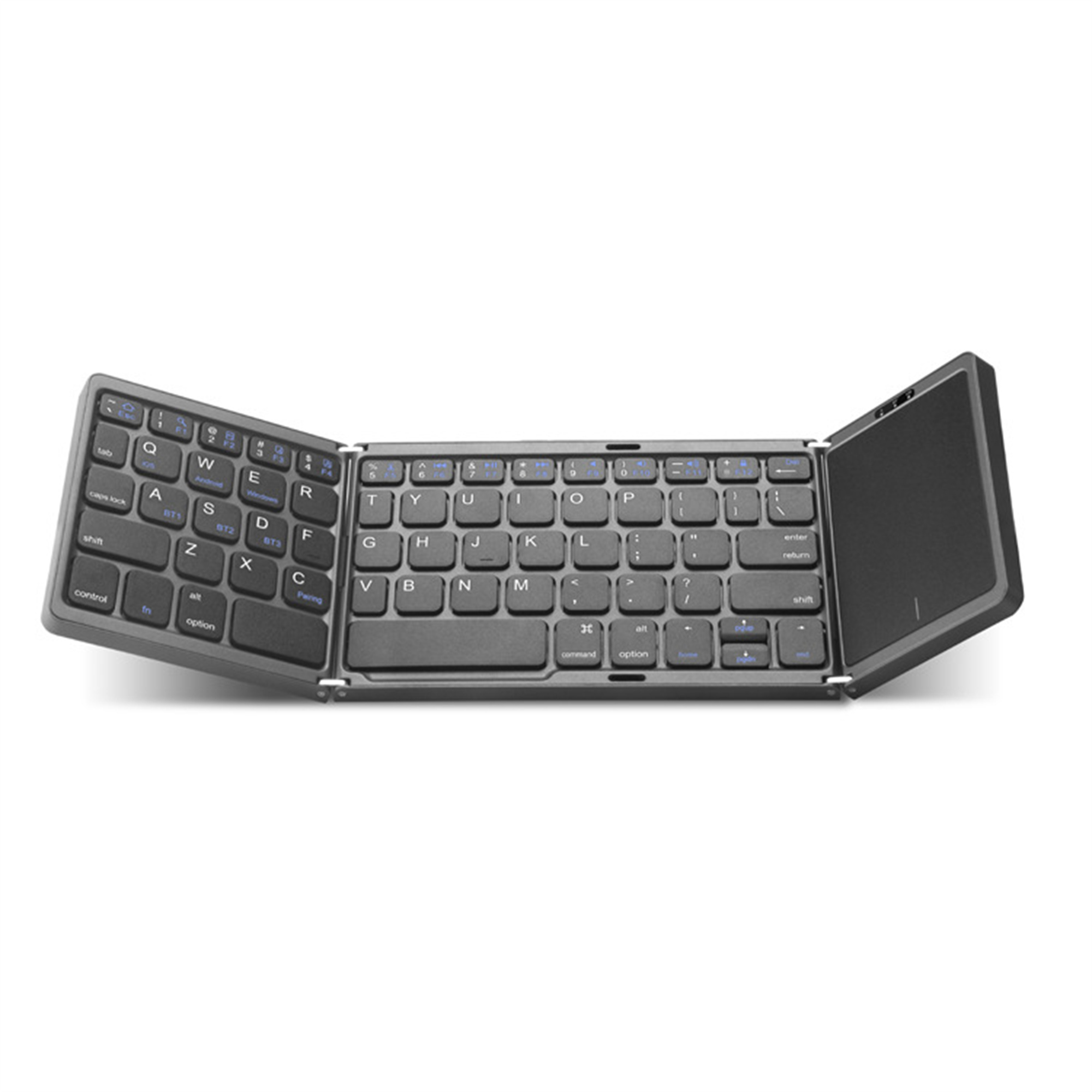Eine faltbare Tastatur in drei Teilen. Sie ist schwarz und hat Tasten mit blauen Buchstaben.
