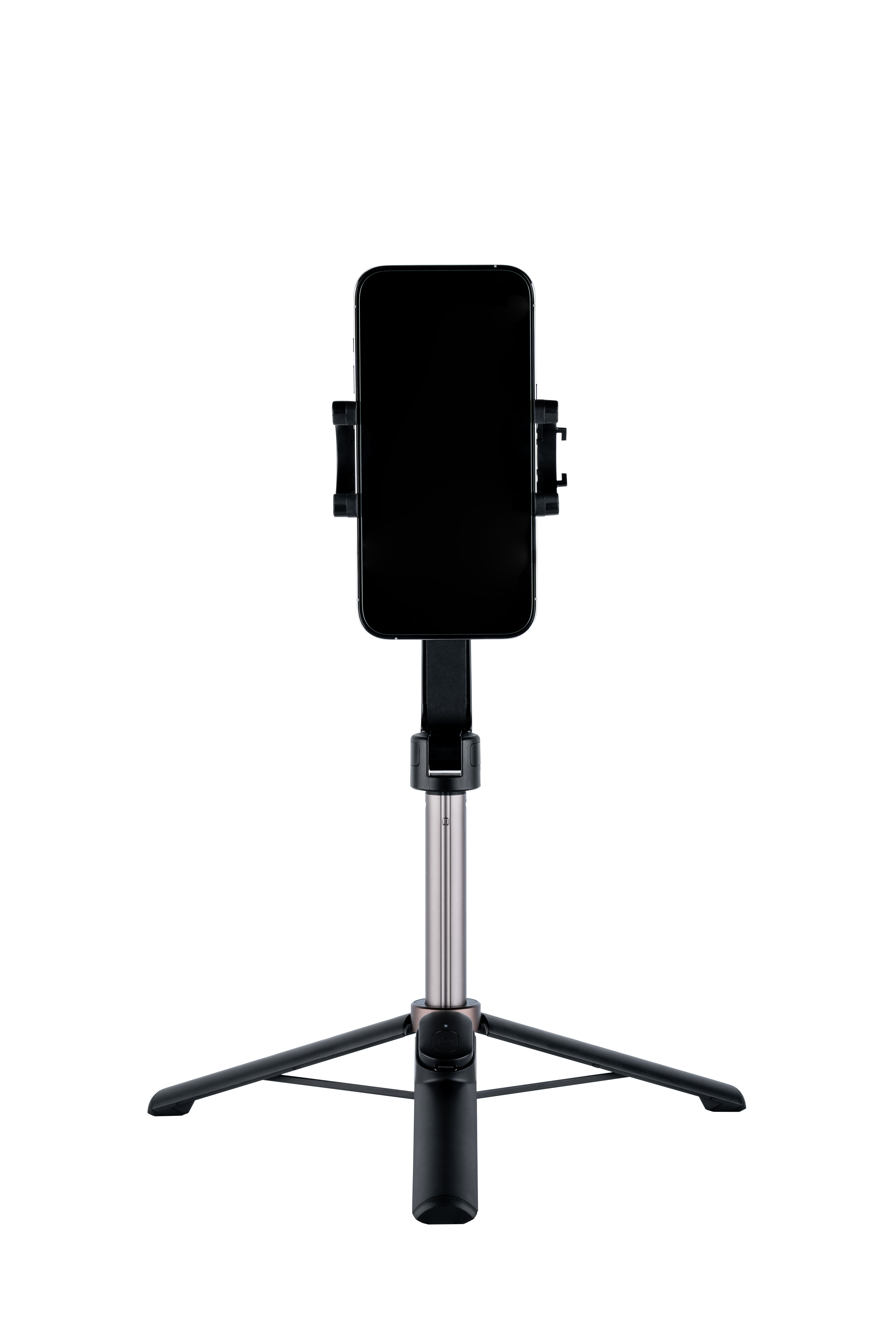 Czarny statyw z uchwytem na telefon, na czarnym tle.