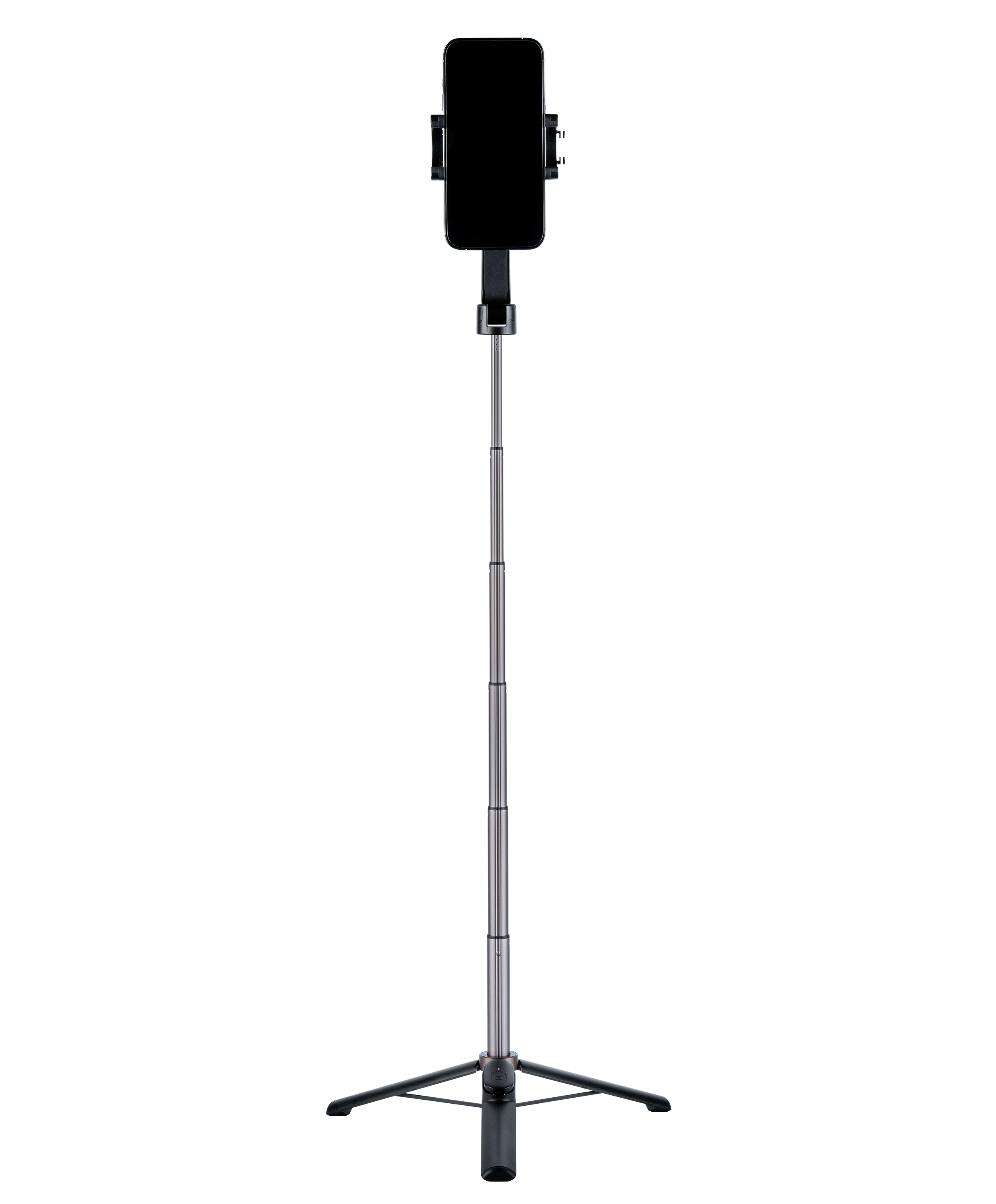 Czarny statyw do selfie w pełni rozłożony na ciemnym tle. Uchwyt na telefon na górze.