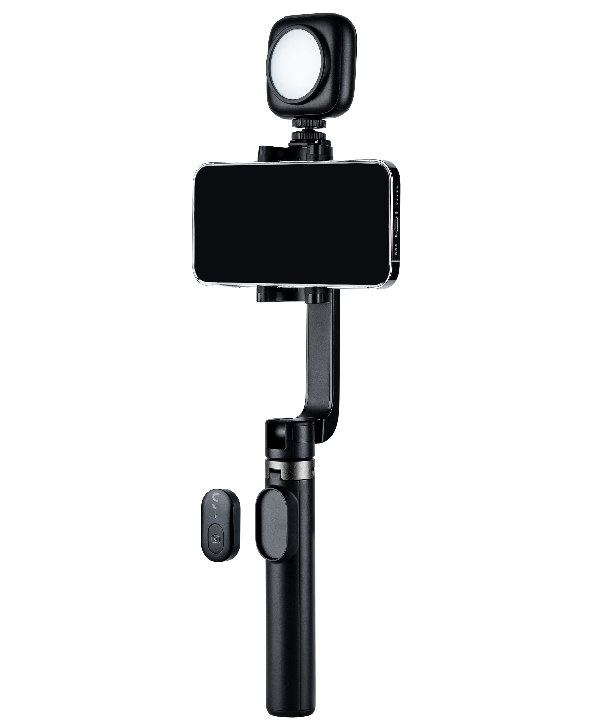 Czarny kij do selfie z telefonem i światłem, pilot po lewej.