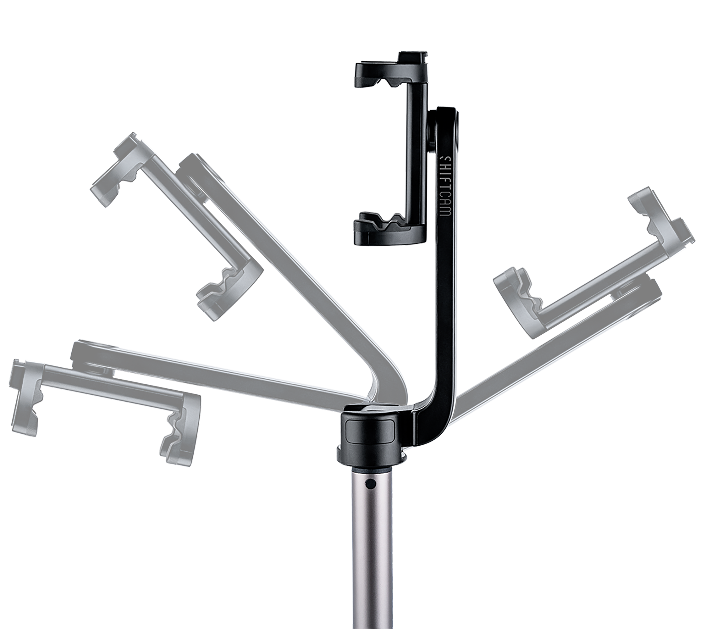 Czarny uchwyt na telefon z regulowanymi ramionami, na czarnym tle. Metalowy.