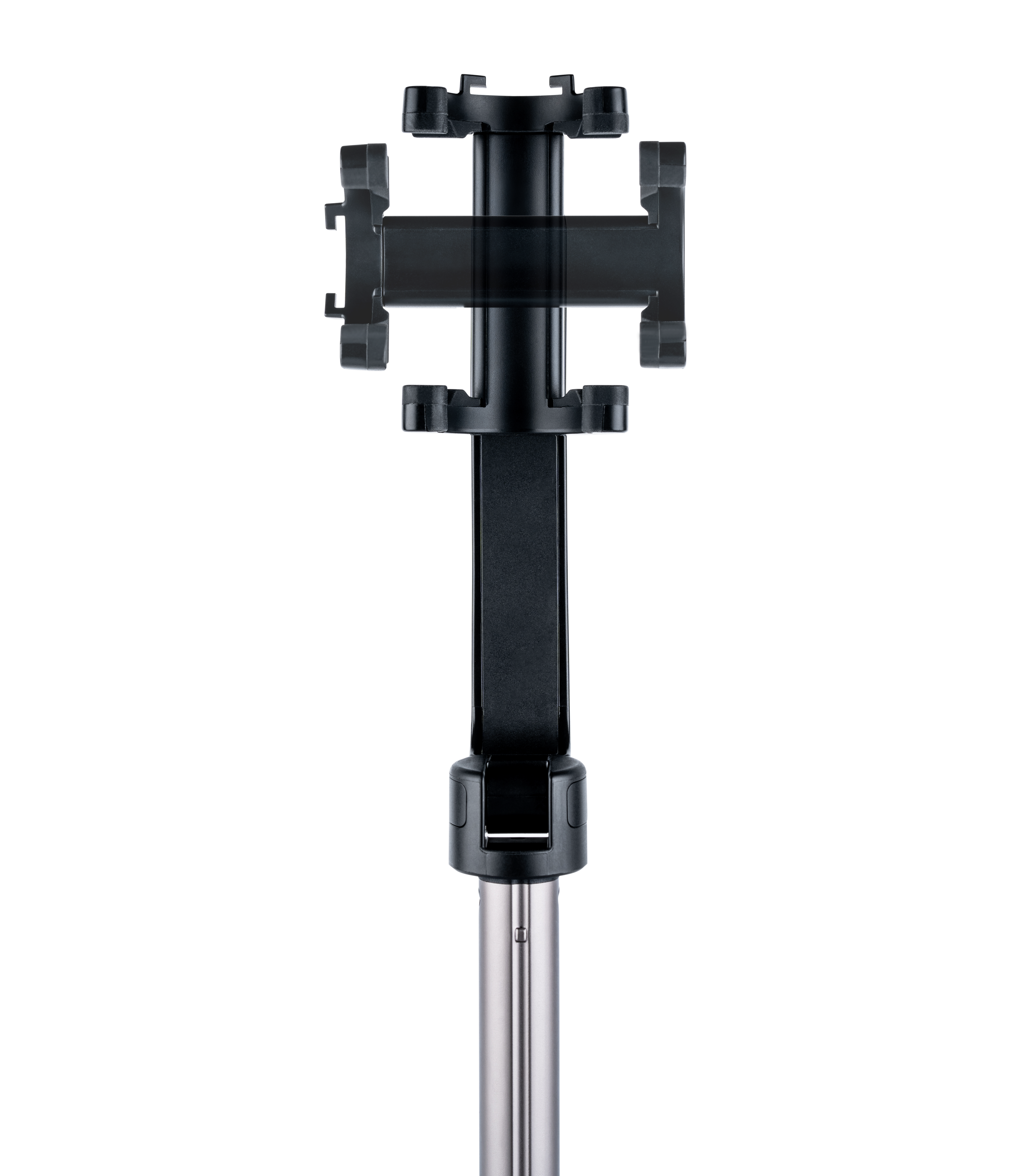 Czarny stojak z uchwytem na telefon i srebrnym słupem.