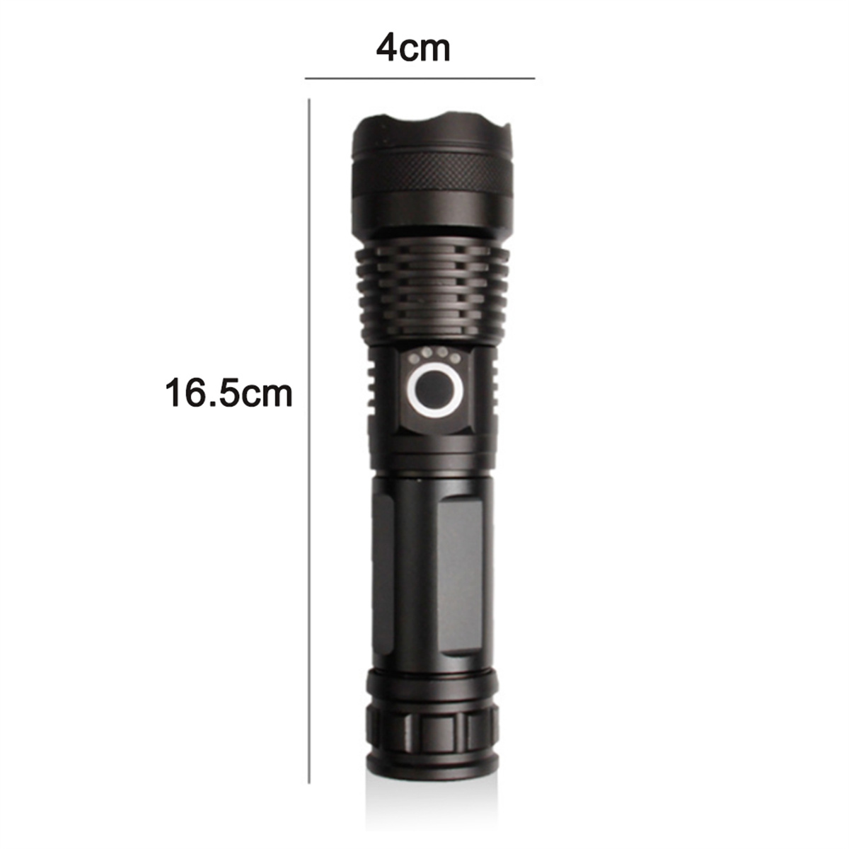 Schwarze Taschenlampe mit Maßen von 16,5 cm Länge und 4 cm Breite, auf weißem Hintergrund.