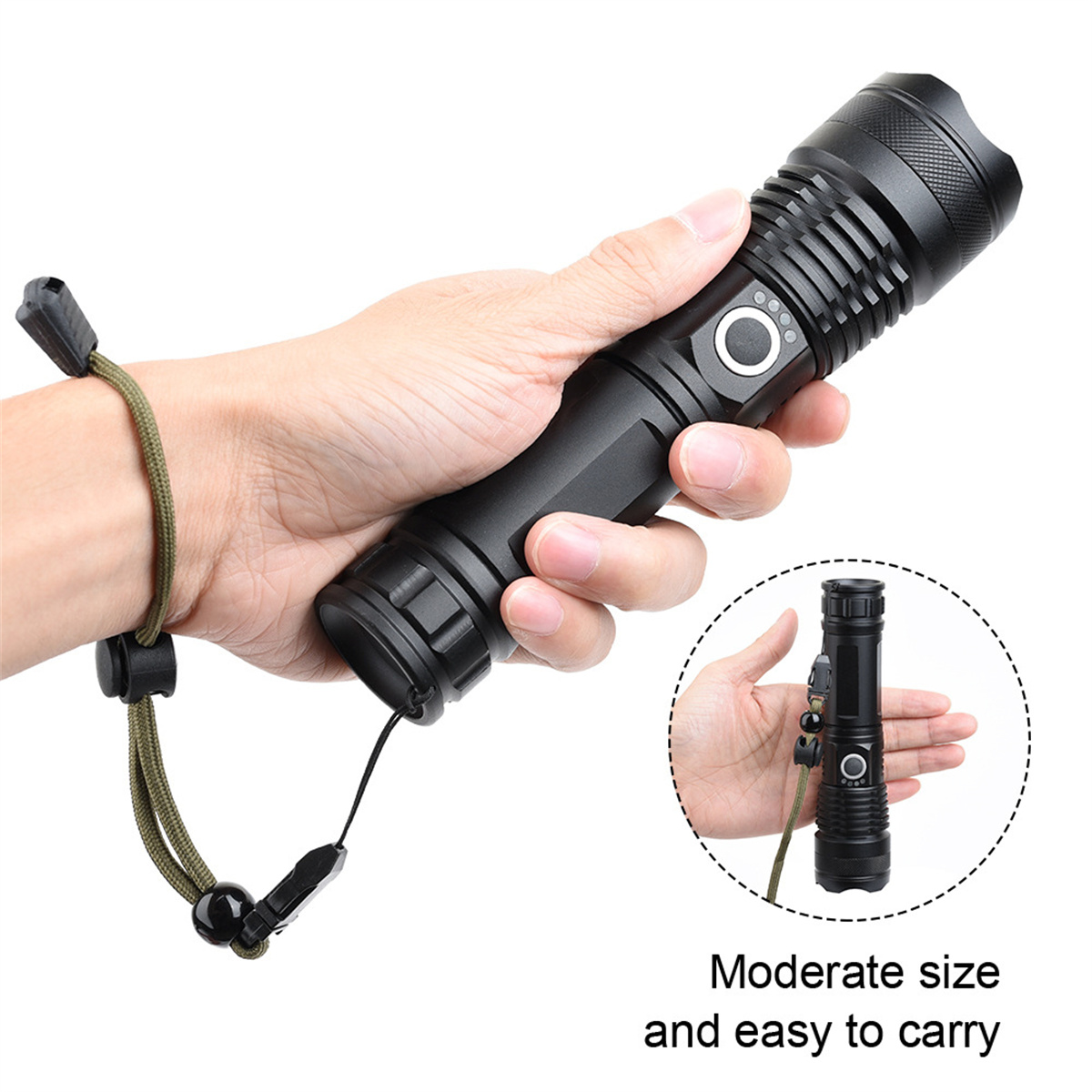 Schwarze Taschenlampe in einer Hand gehalten, mit kleinerem Taschenlampen-Inset und Größenbeschreibung.