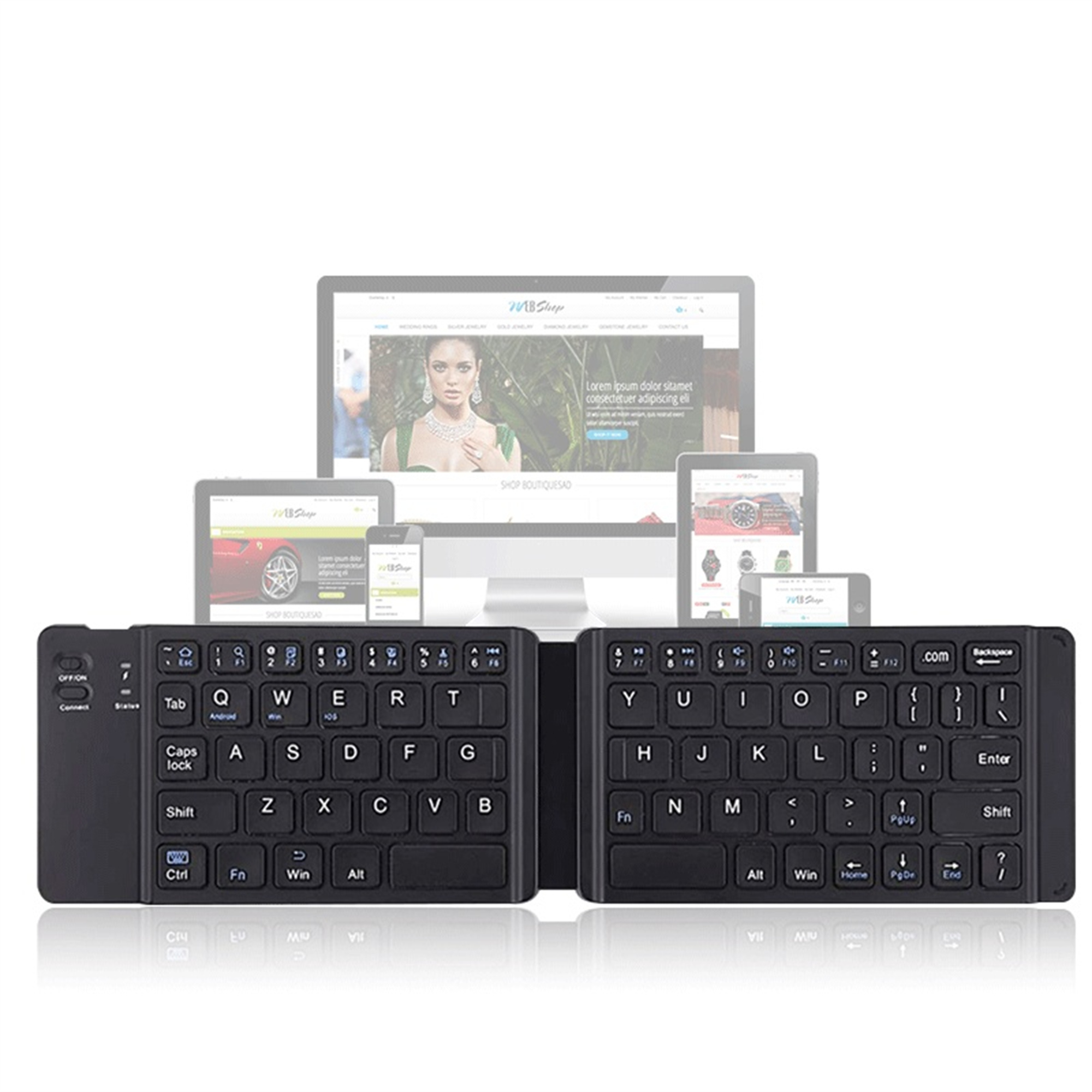 Schwarze, faltbare Tastatur. Hintergrund mit Computer und Tablets, die eine Website zeigen.