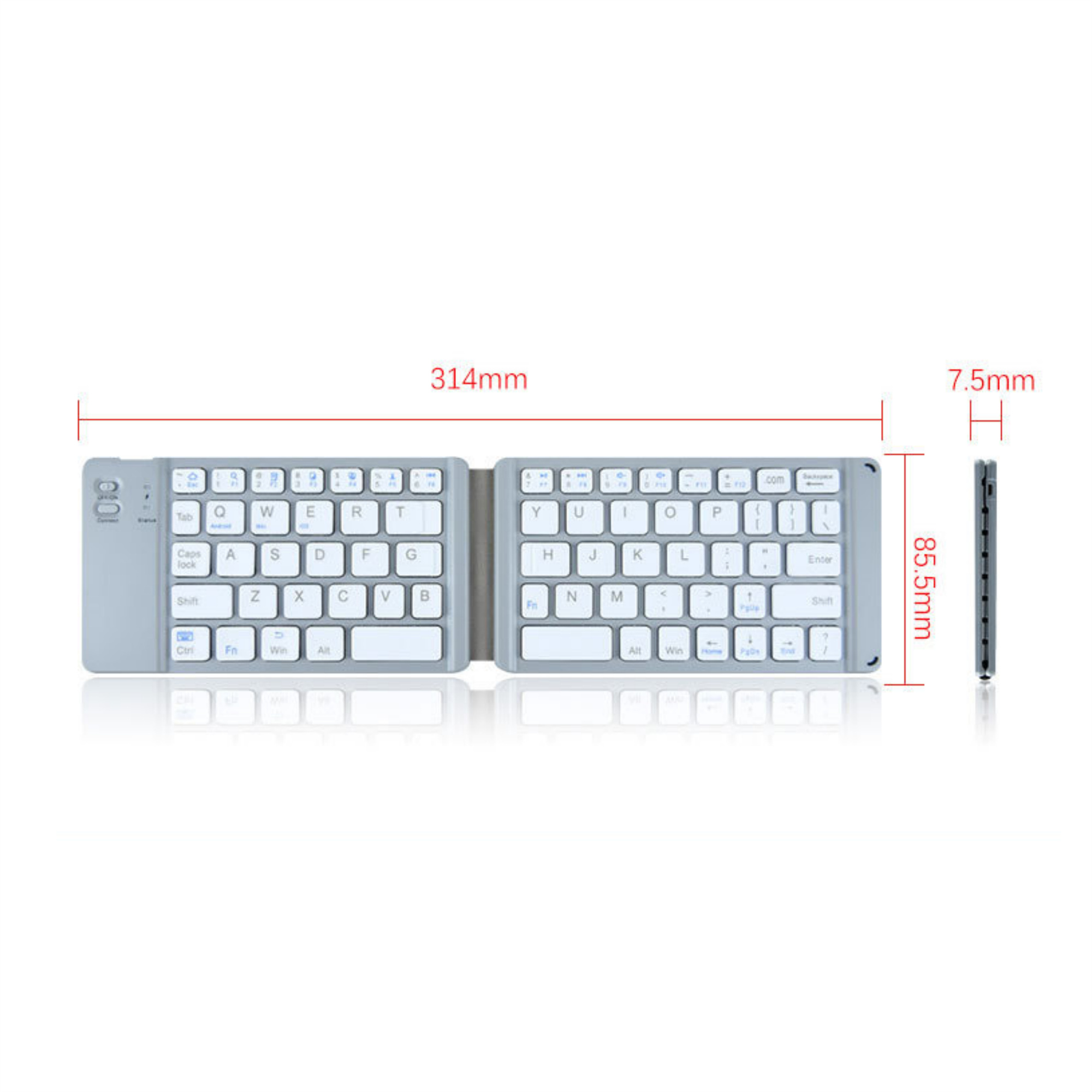 Eine graue, faltbare Tastatur, die Abmessungen werden angezeigt: 314 mm lang, 85,5 mm hoch und 7,5 mm dick.