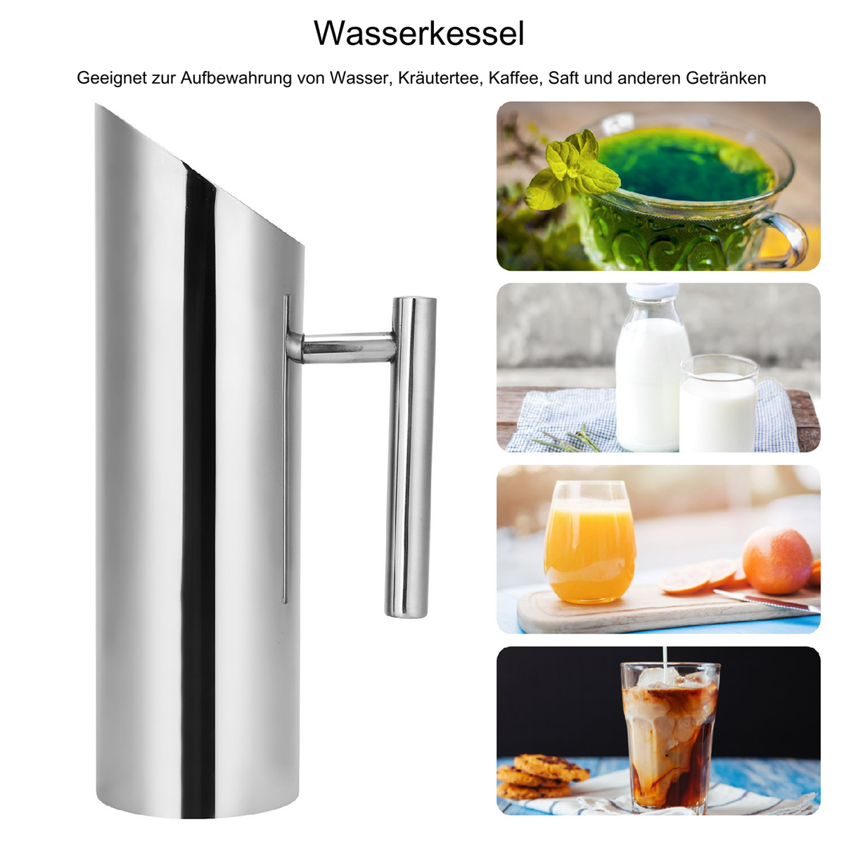 Ein Edelstahlkrug und verschiedene Getränke: Tee, Milch, Orangensaft und Kaffee mit Eis.