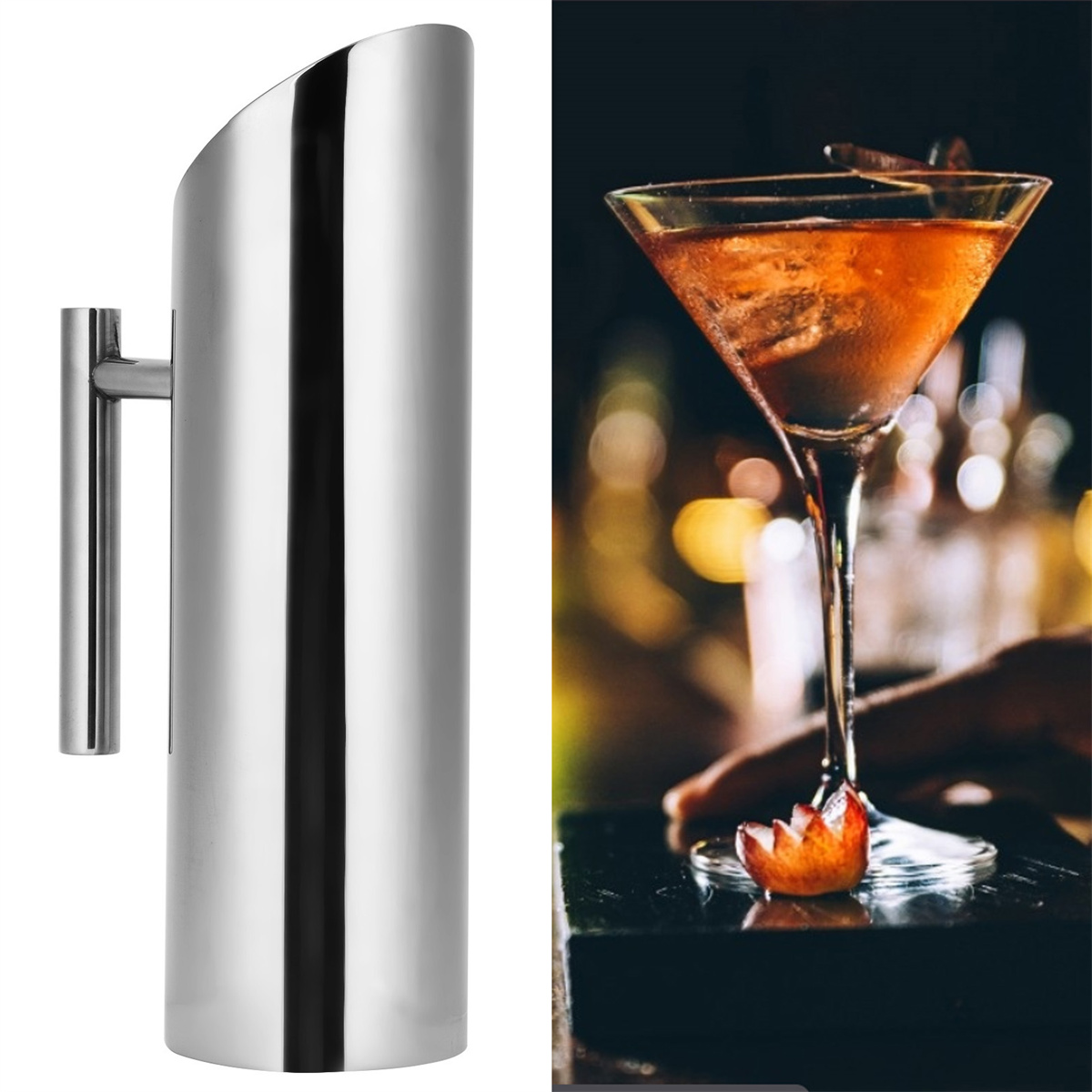 Silberner Krug links und ein Cocktail im Glas rechts. Dunkler Hintergrund.