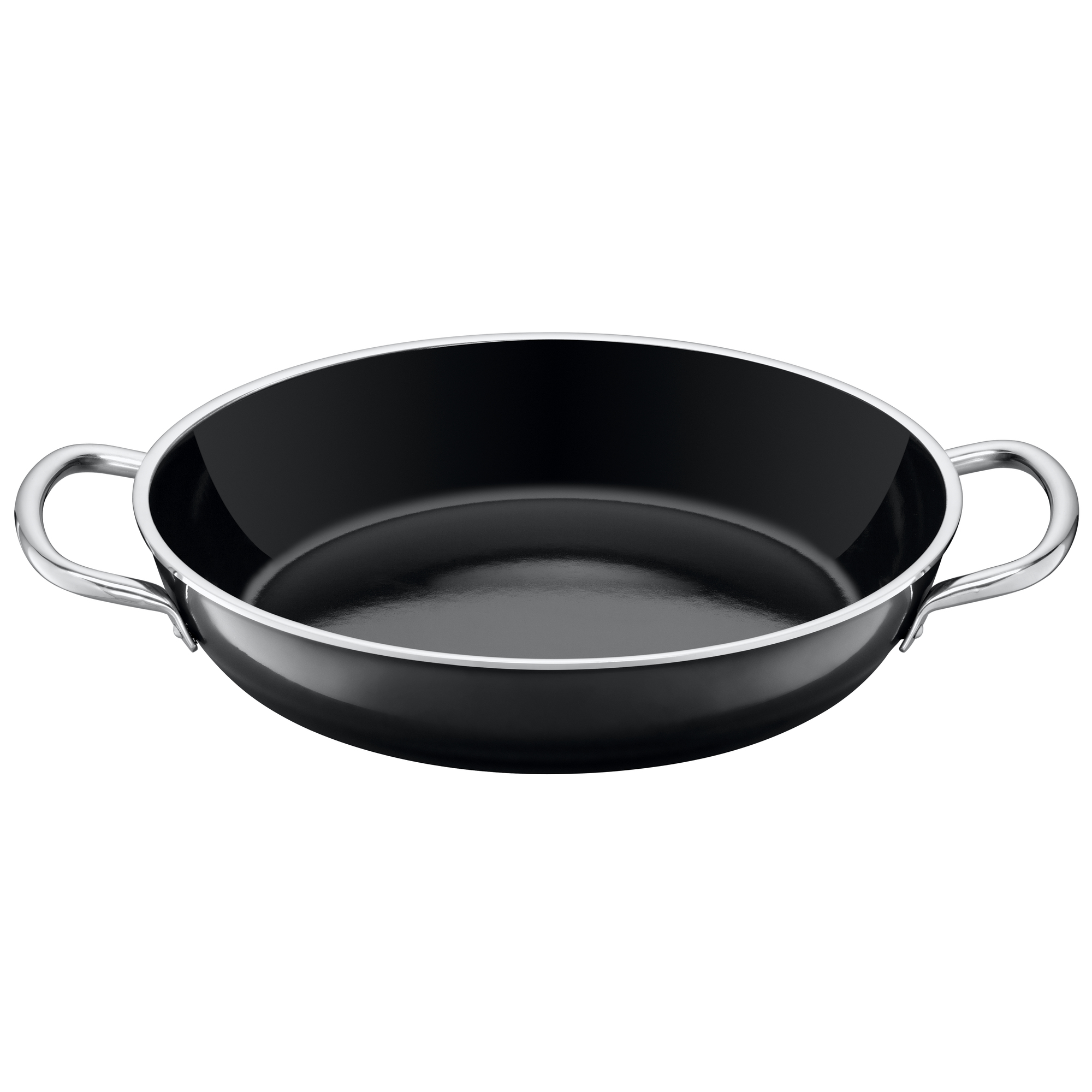 Schwarze Pfanne mit zwei silbernen Griffen, glänzende Oberfläche, auf weißem Hintergrund.