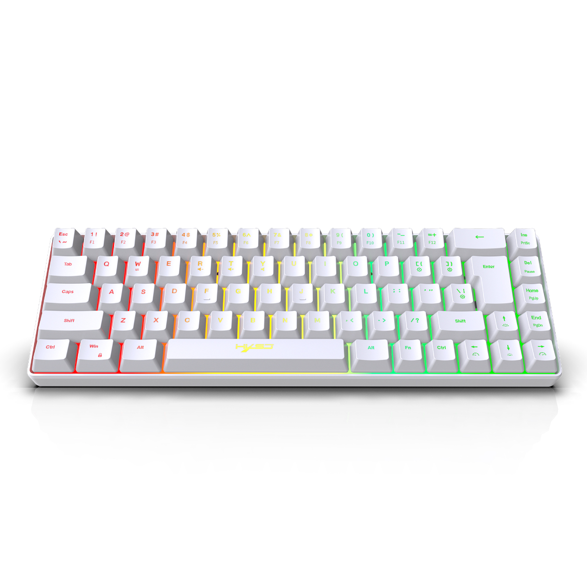 Weiße 80-Tasten-Tastatur mit bunten Tasten. Ein weißer Hintergrund.