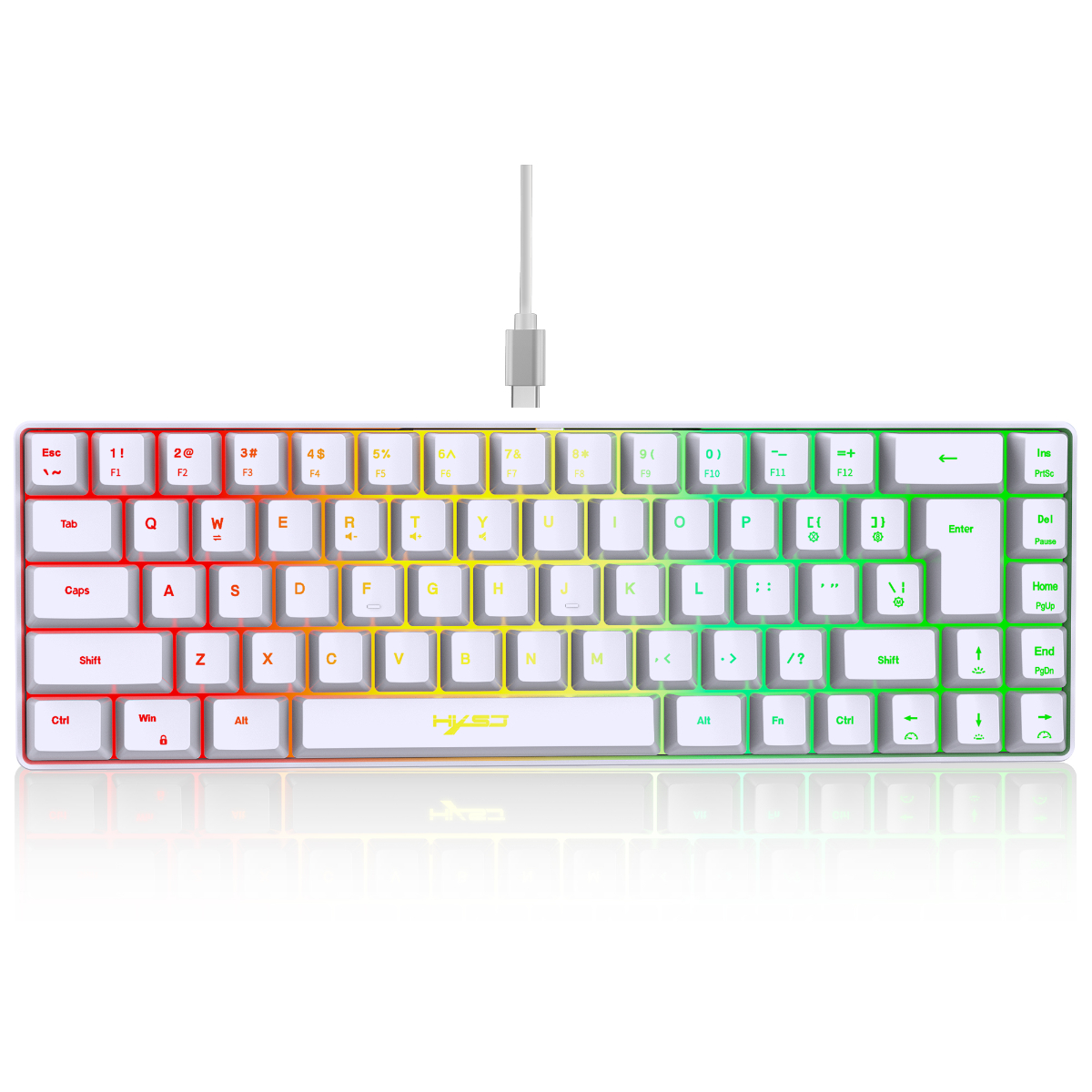 Weiße Tastatur mit regenbogenfarbenen Tasten, verbunden mit einem Kabel.