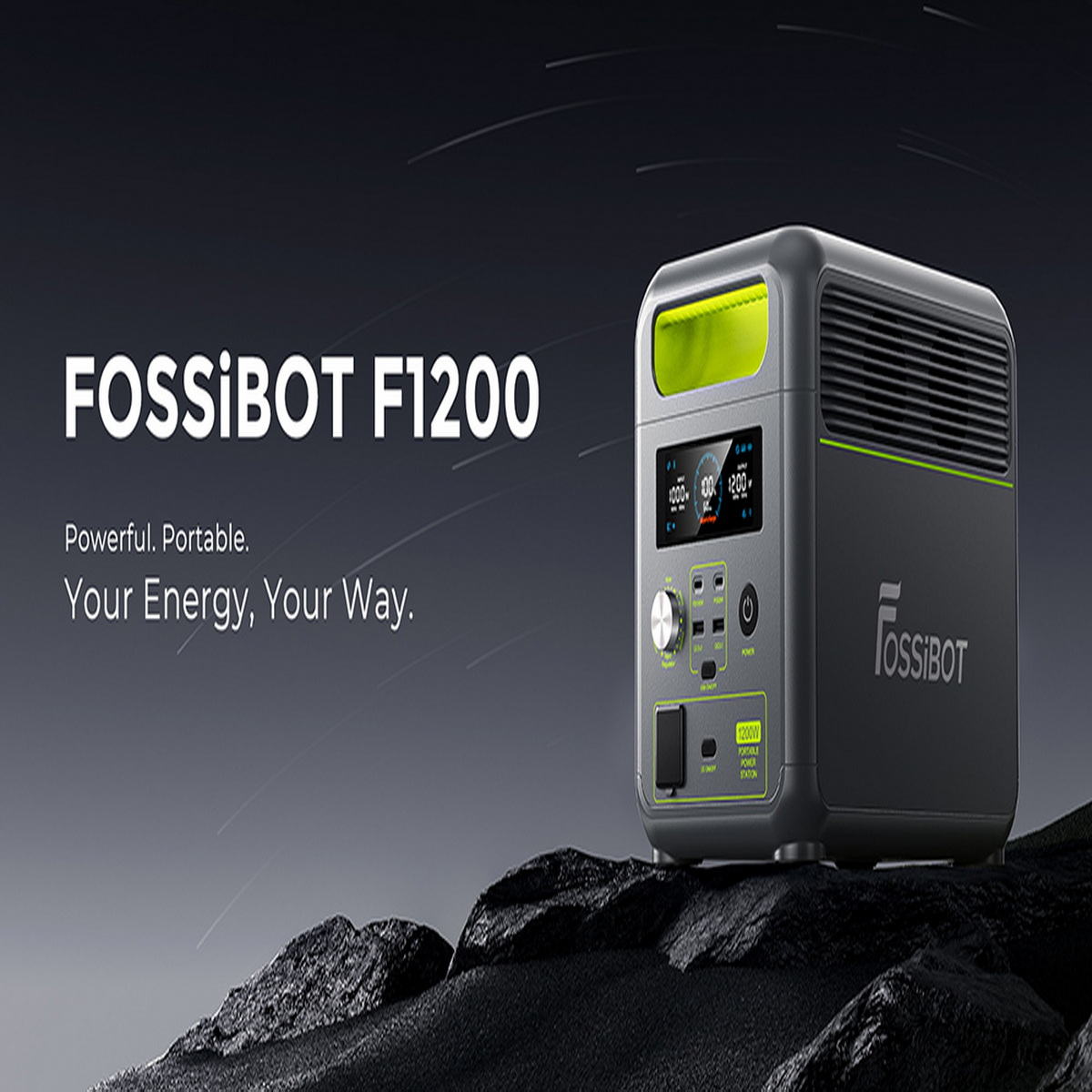 Szaro-czarna elektrownia FOSSiBOT na skalistej powierzchni z nakładką tekstową.