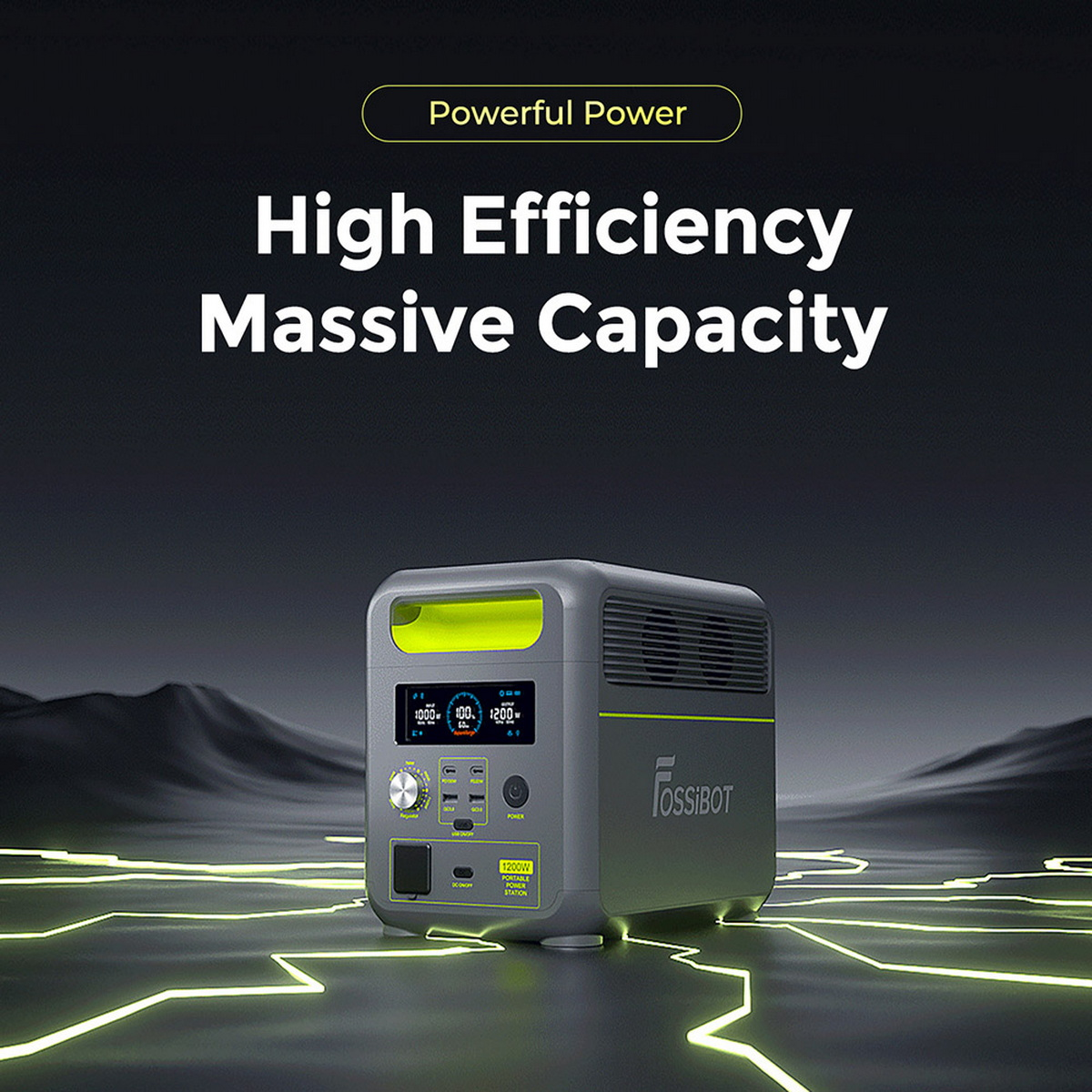 Szara elektrownia z żółto-zielonym akcentem. Tekst mówi 'Powerful Power' i 'Massive Capacity'.