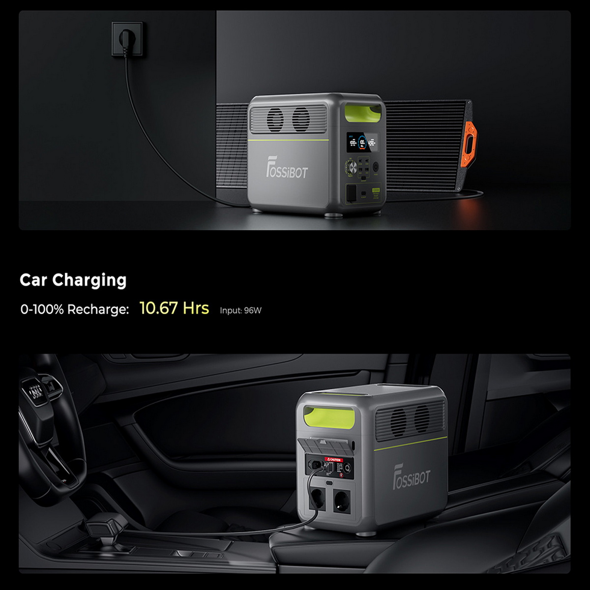 Foto zeigt eine graue Stromstation beim Laden und im Auto mit Ladekabeln.