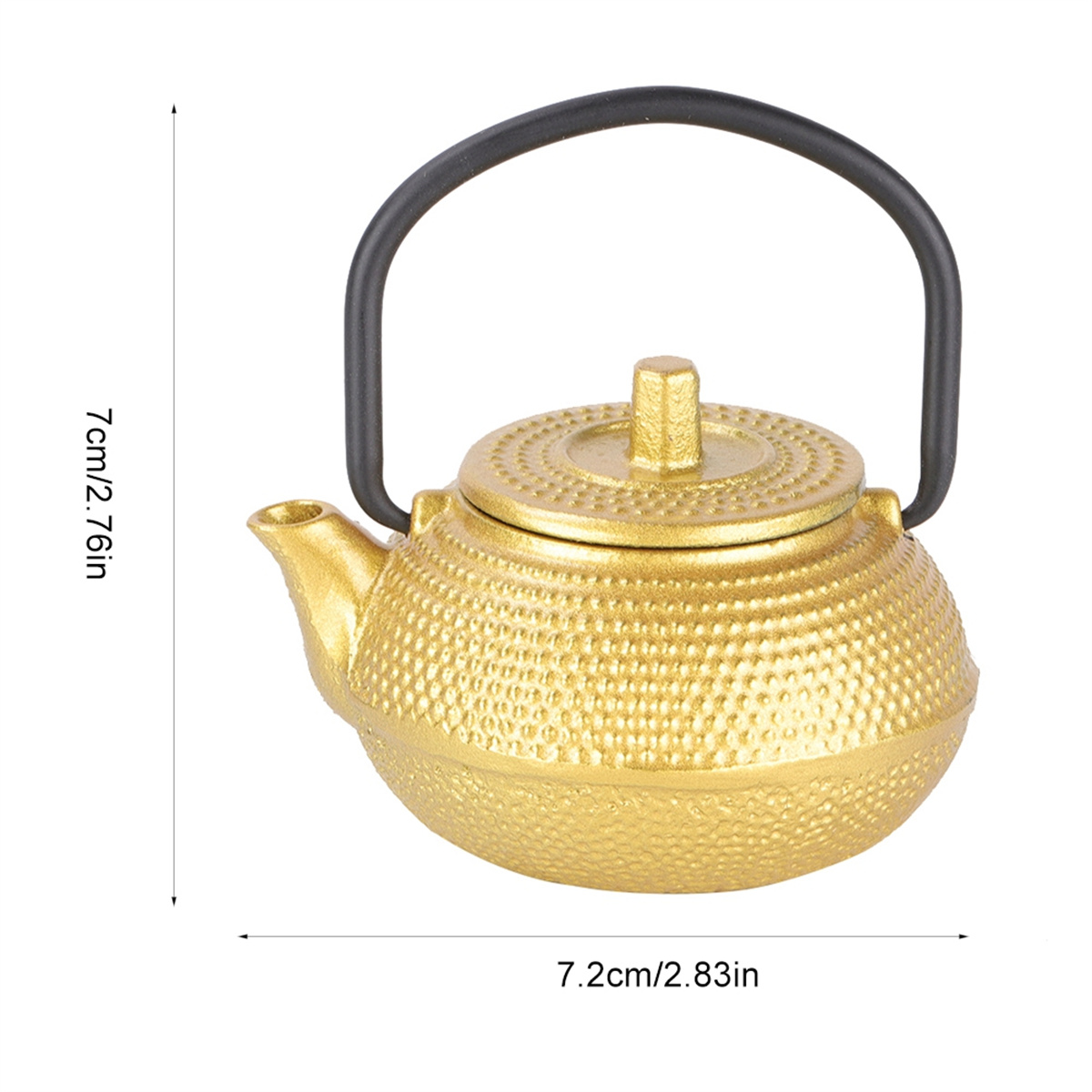 Goldene Teekanne mit schwarzem Griff, Maße beschriftet. Auf weißem Hintergrund.