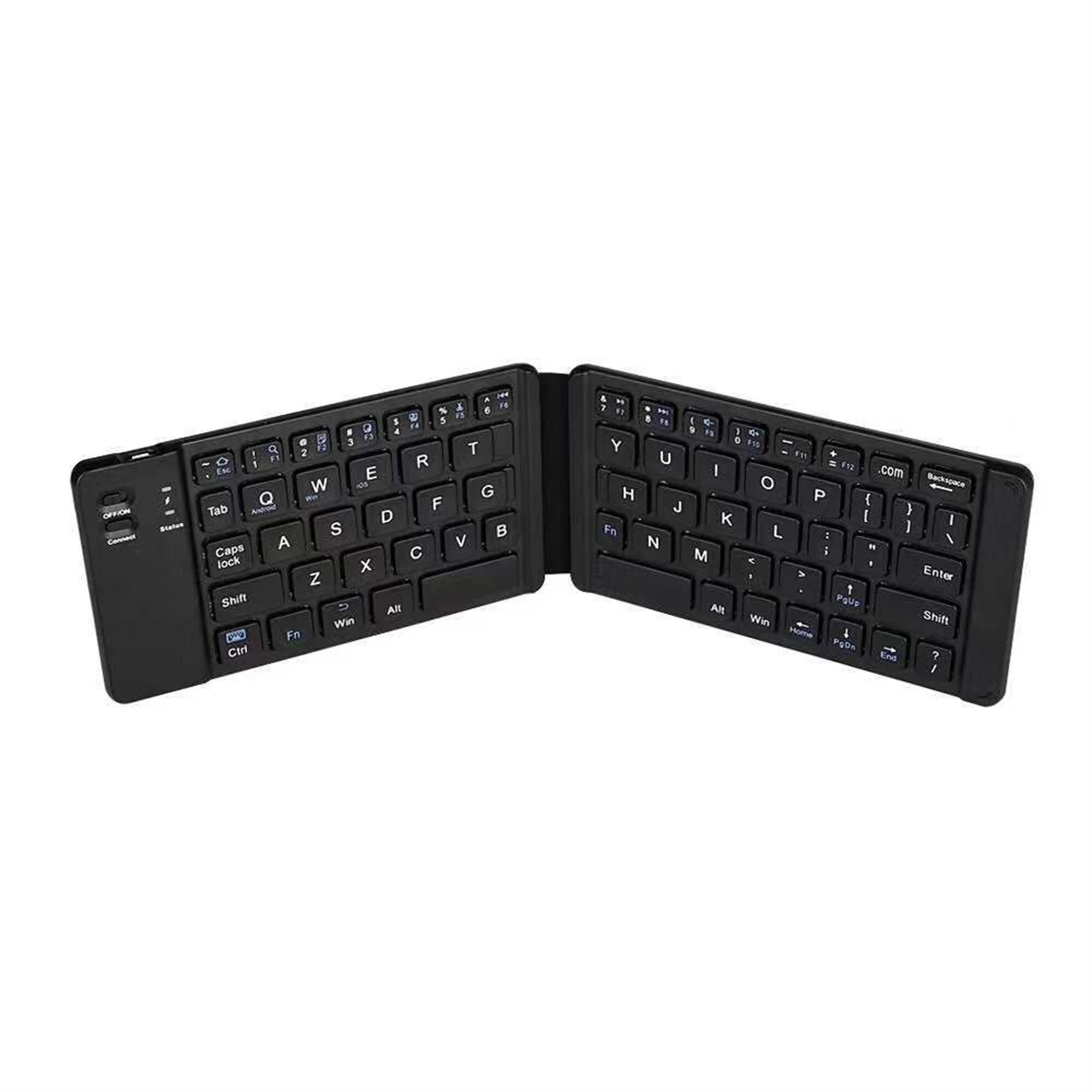 Schwarze, zusammenklappbare Tastatur, geöffnet, mit weißen Buchstaben.