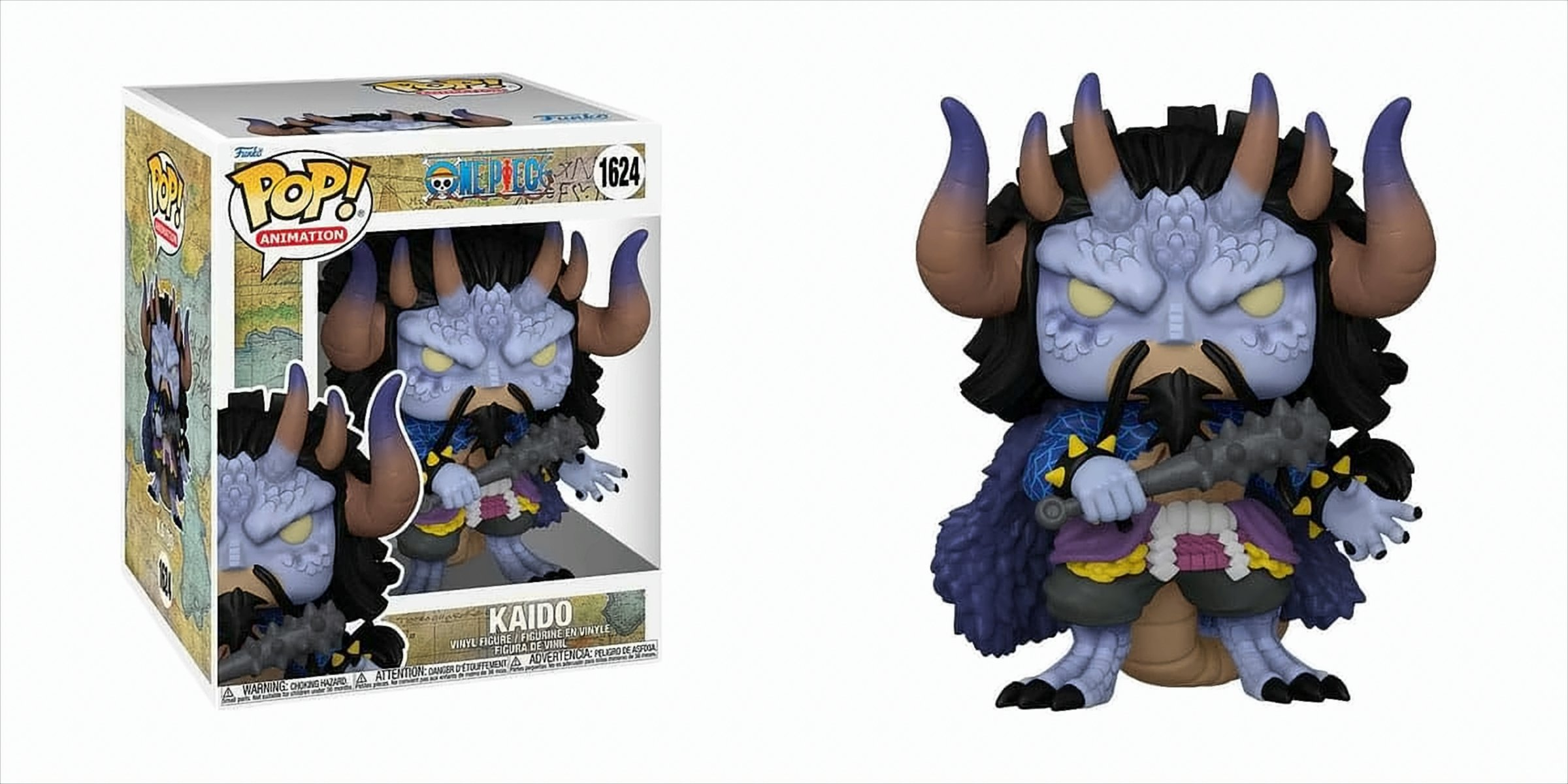 Figura Funko Pop de Kaido y caja. La figura está en la caja y fuera de ella.