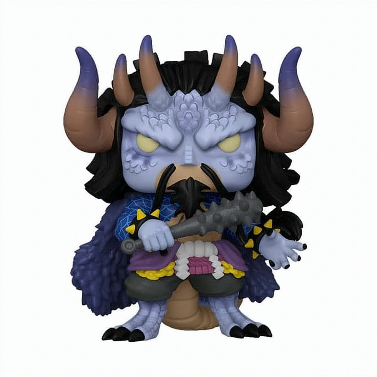 Figura Funko Pop de Kaido con rasgos de dragón, sosteniendo un garrote, fondo blanco.