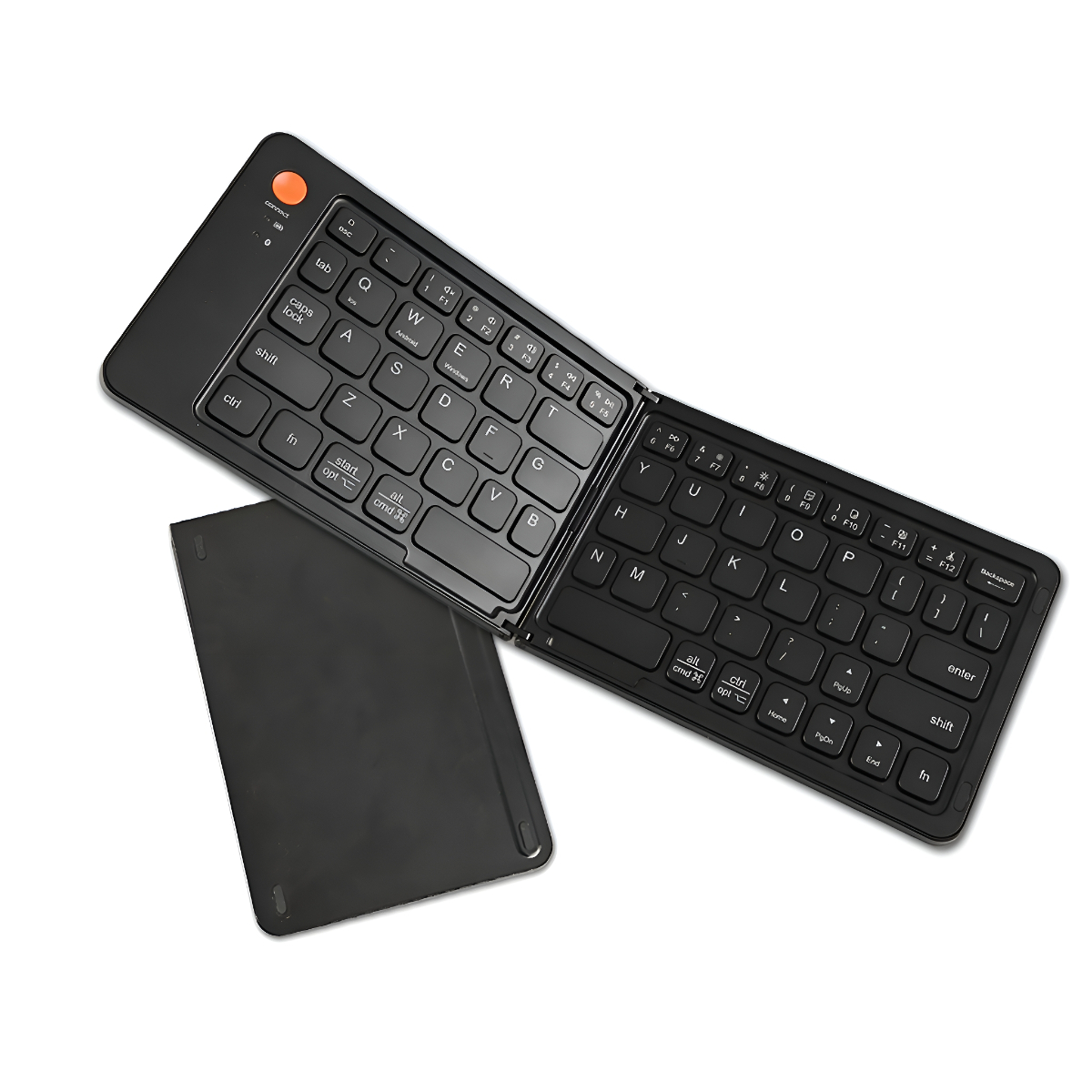 Schwarze faltbare Tastatur, offen, mit separater schwarzer Abdeckung, weißer Hintergrund.