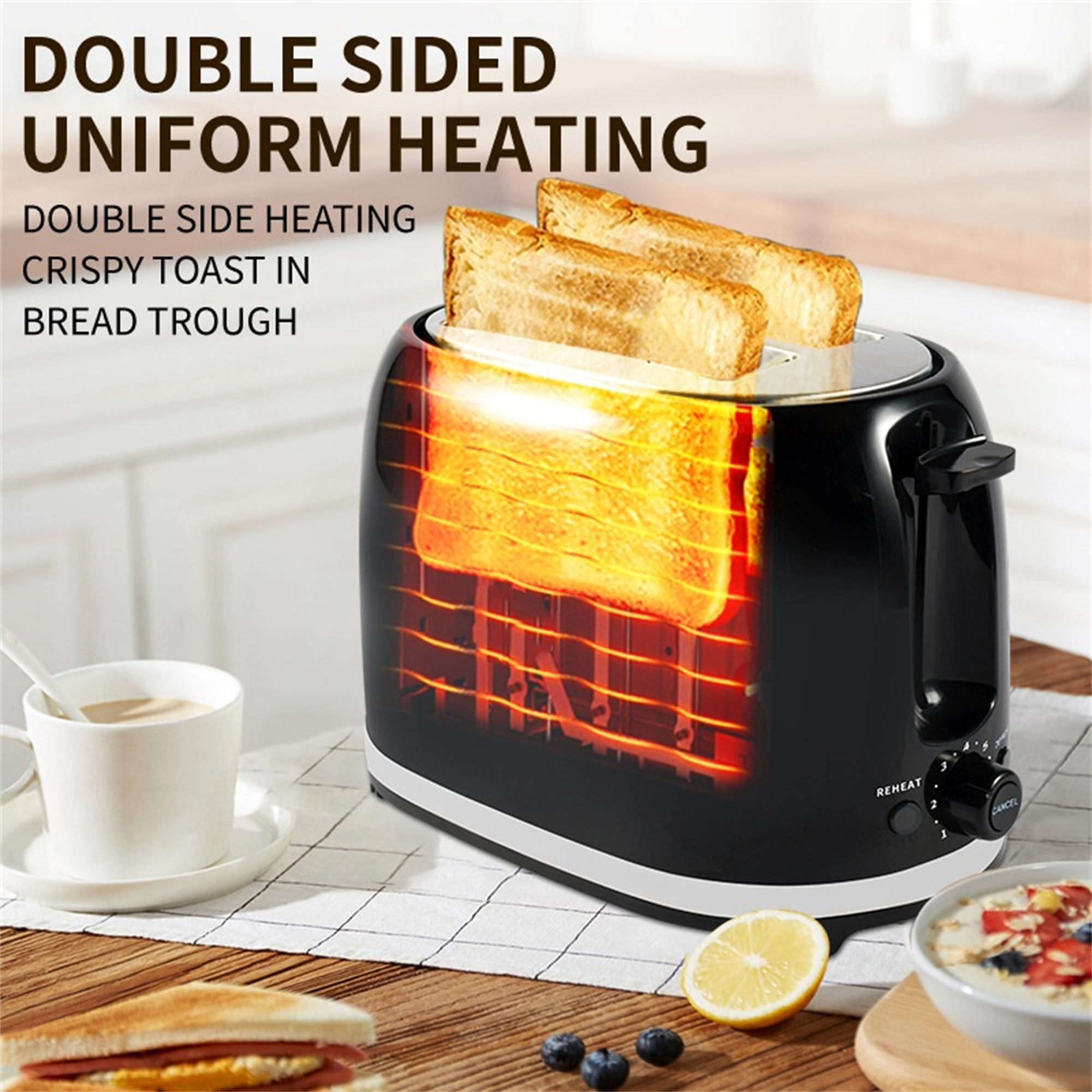 Toaster mit zwei Toastscheiben. Der Toaster ist schwarz mit weißem Sockel. Toast ist goldbraun.