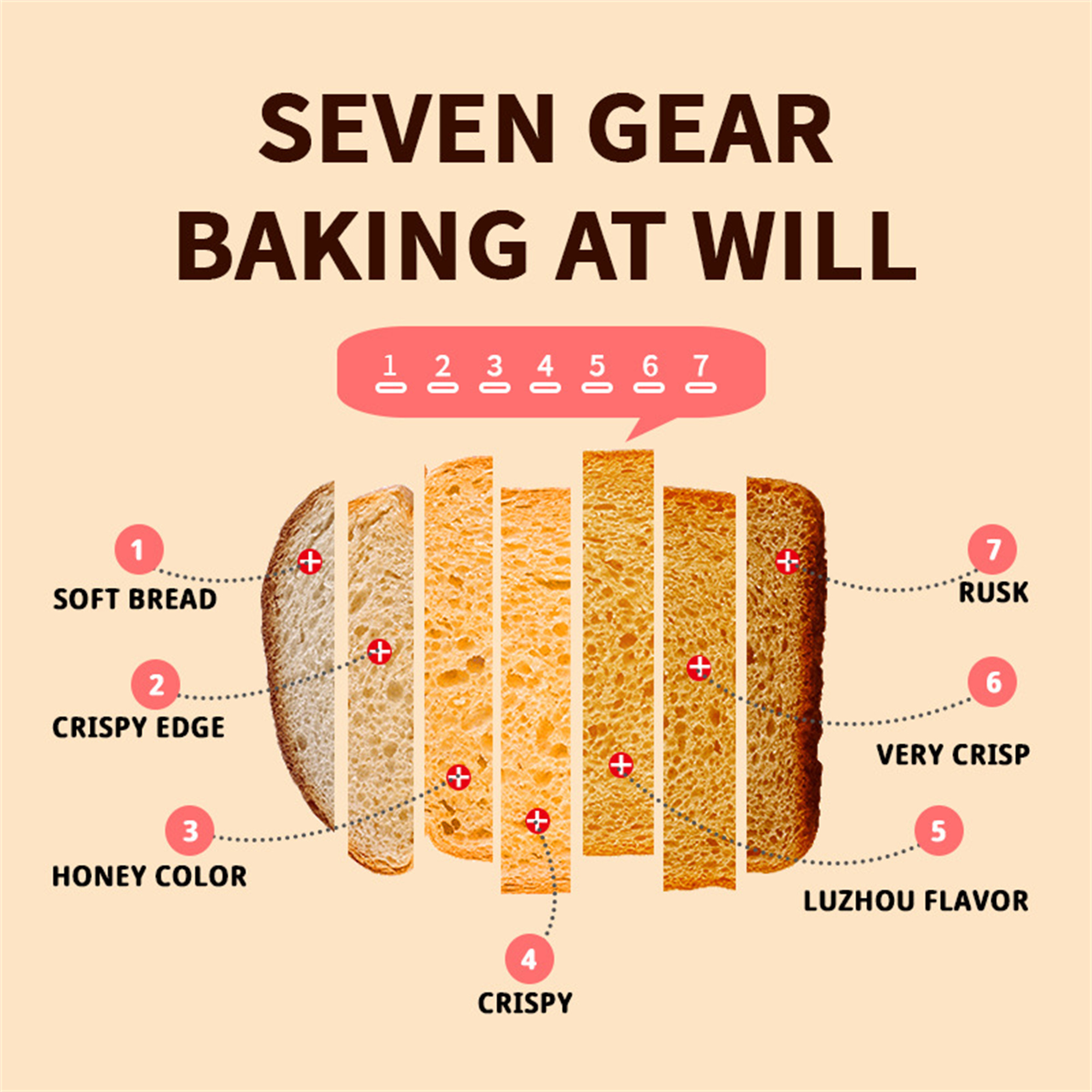 Diagramm zeigt Brotscheiben mit unterschiedlichem Bräunungsgrad, beschriftet mit Backdetails.