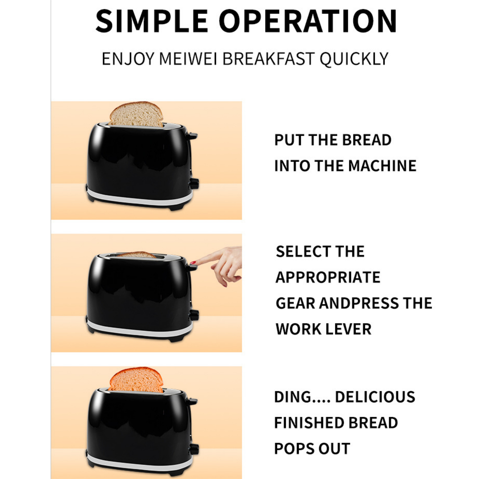 Ein schwarzer Toaster mit Brot. Drei Bilder zeigen den Vorgang: Brot rein, Gang gewählt, Brot raus.