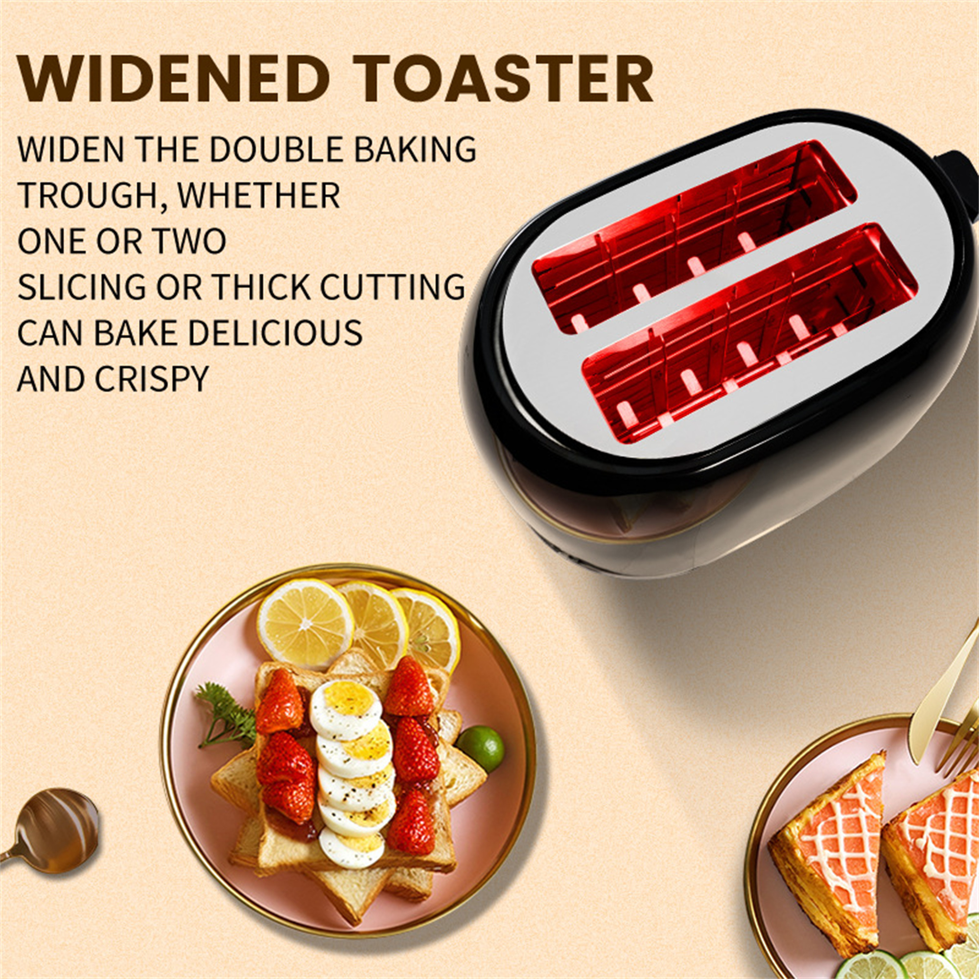 Toaster mit zwei Schlitzen, mit Bildern von Toast, Eiern, Erdbeeren und Zitronenscheiben.