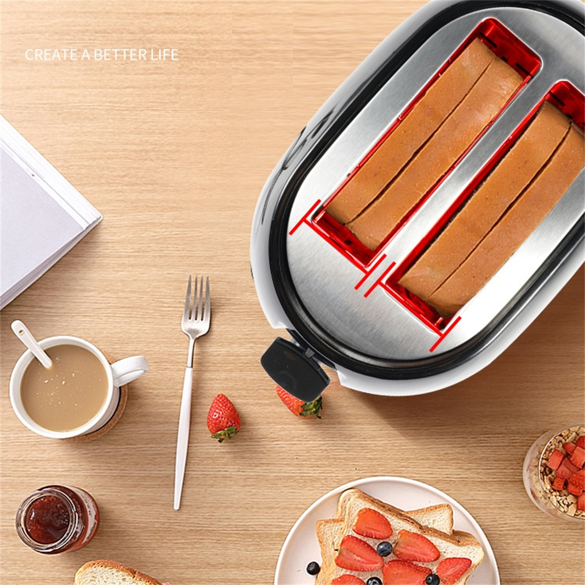 Toaster mit Brot, Erdbeere, Marmelade und Kaffeetasse auf Holztisch.