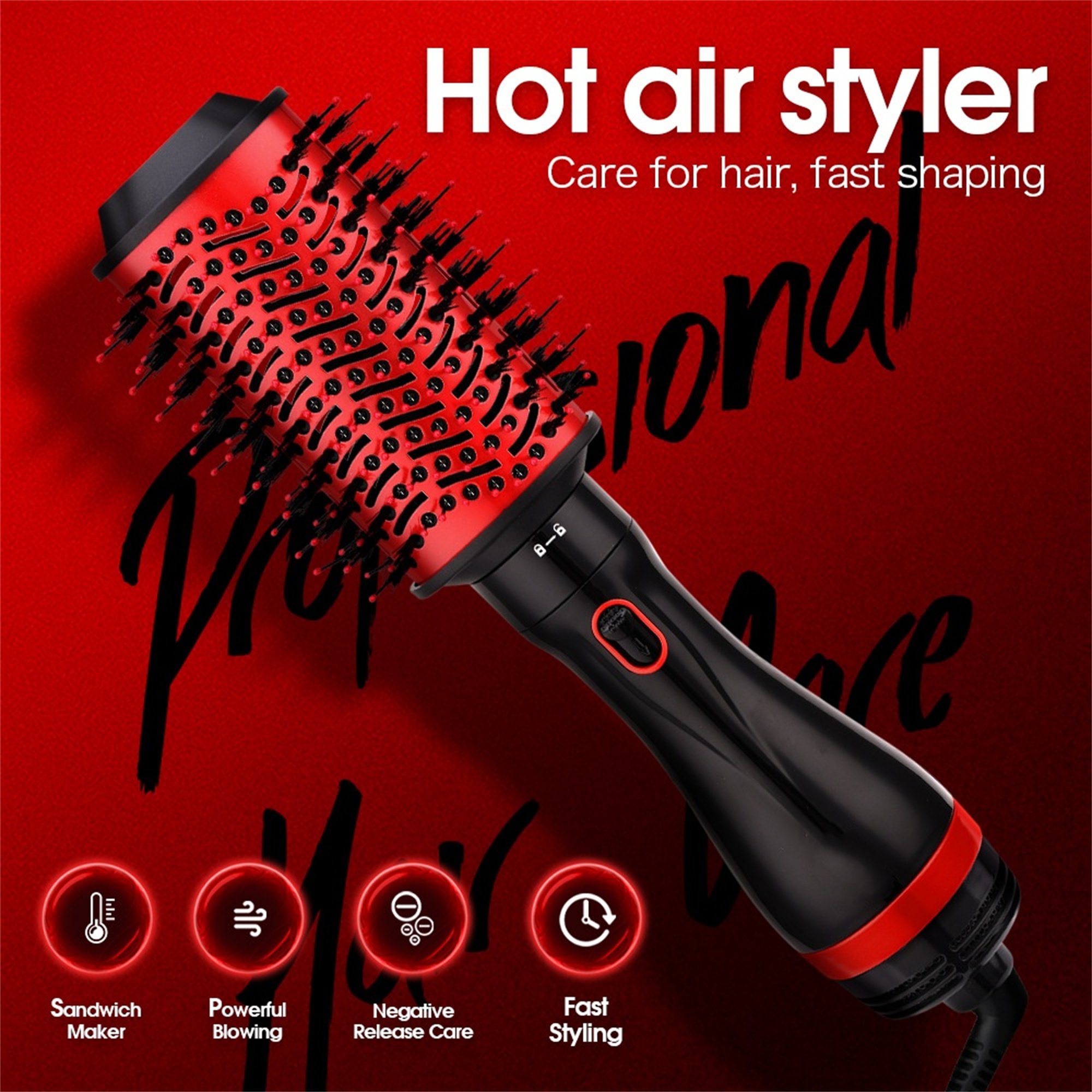 Ein rot-schwarzer Heißluft-Haarstyler. Es gibt Symbole für Sandwichmaker, starkes Blasen und schnelles Styling.