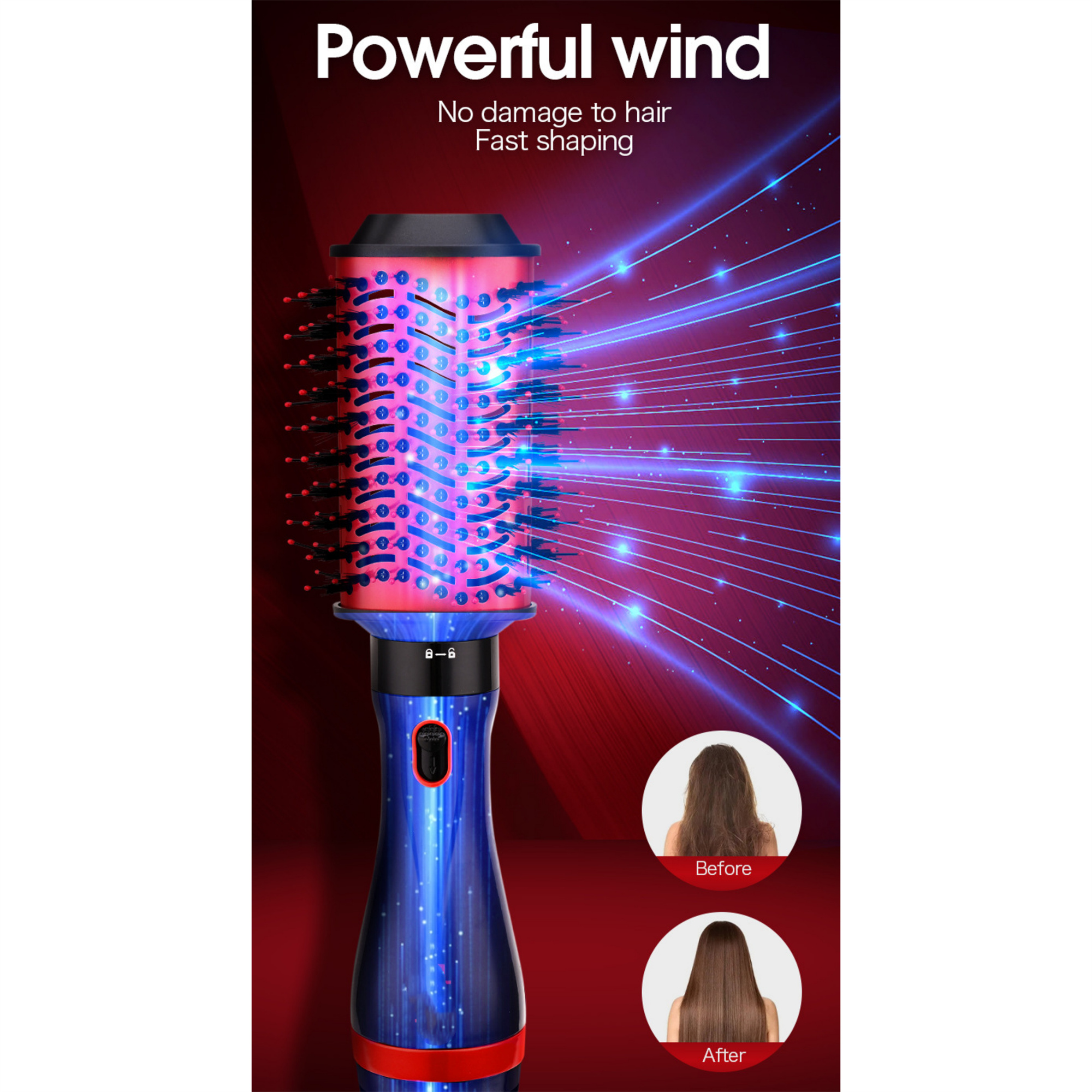 Eine blau-rote Haarstylingbürste mit Vorher-Nachher-Haarbildern.