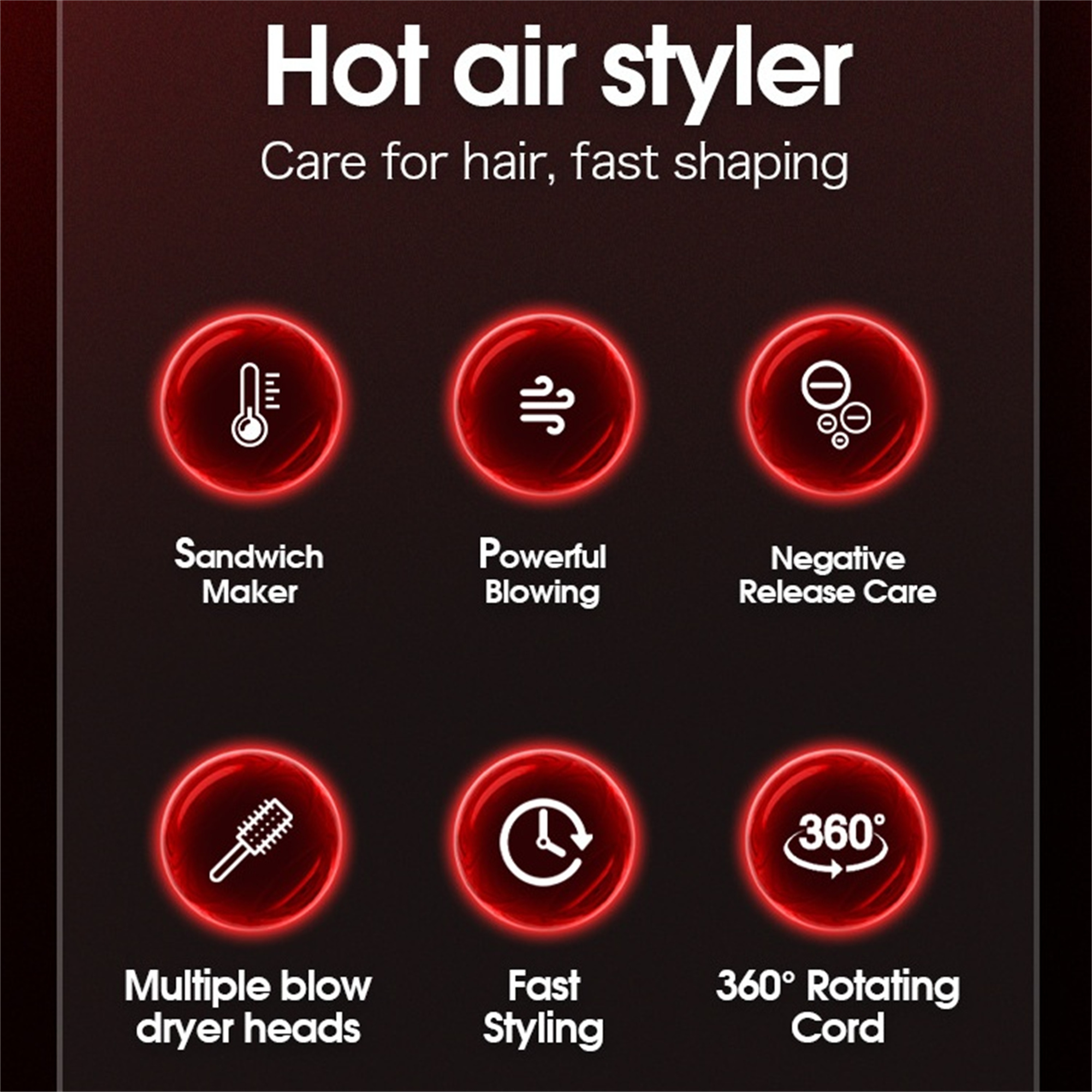 Symbole für einen Heißluft-Styler, einschließlich Sandwichmaker, starkes Blasen und Styling.