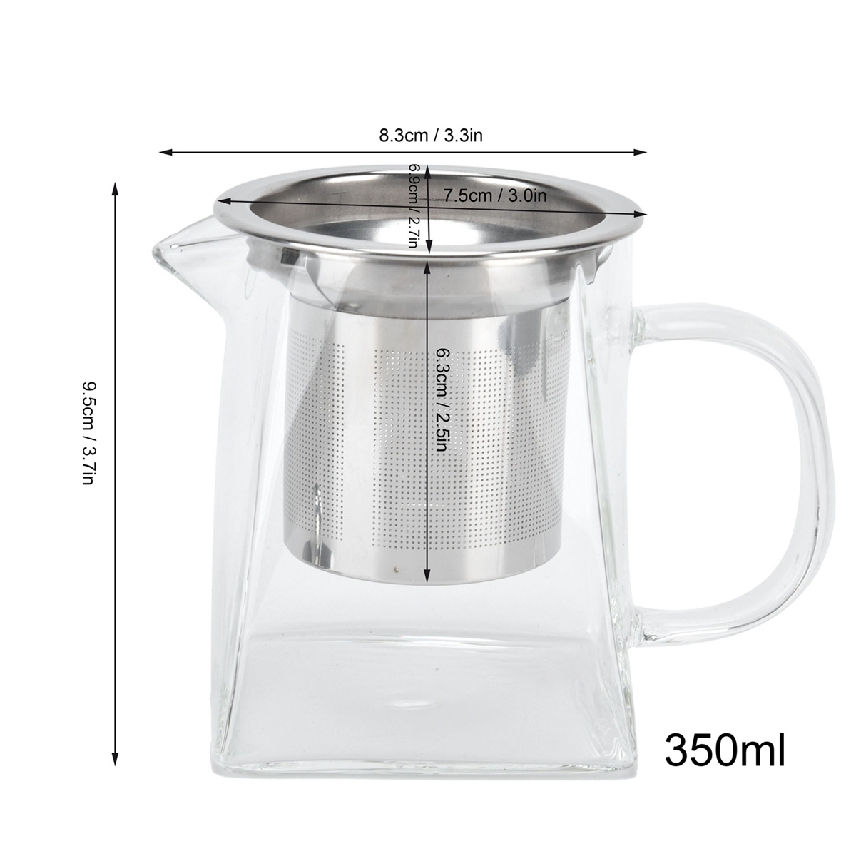 Glaskanne mit Metalleinsatz, Abmessungen und 350ml Fassungsvermögen.