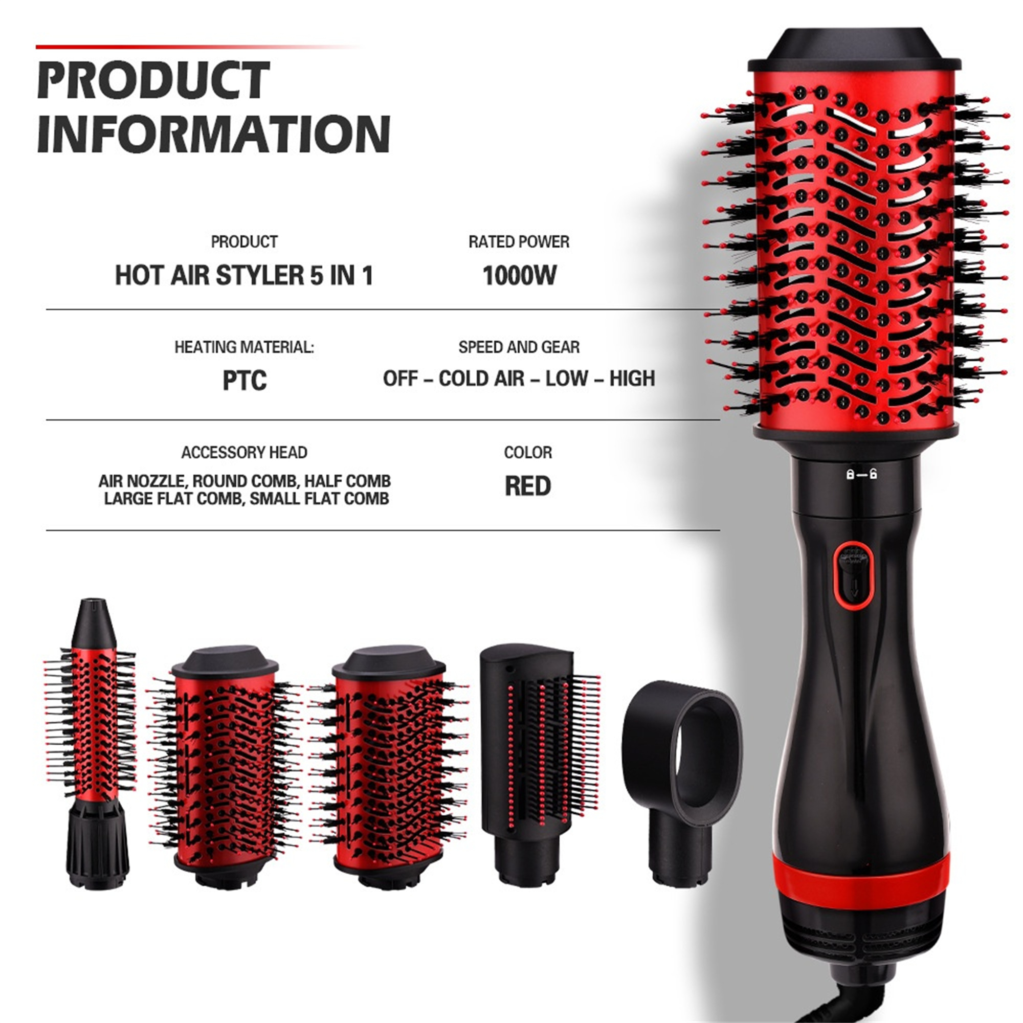 Ein roter und schwarzer Heißluftstyler mit Zubehör. Produktinformationen werden angezeigt.