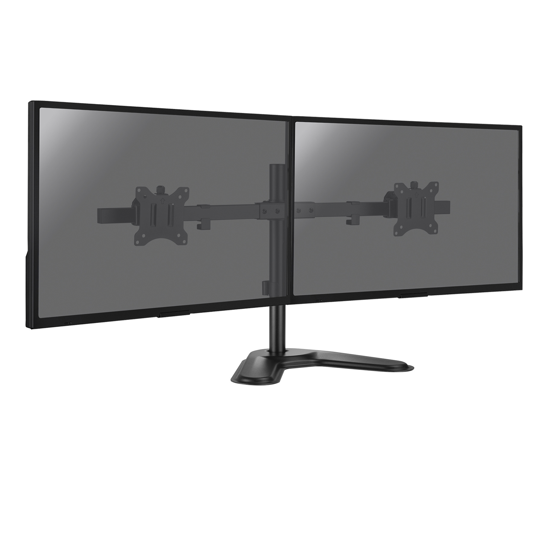 Twee computermonitoren op een standaard gemonteerd. Grijze schermen op een witte achtergrond.