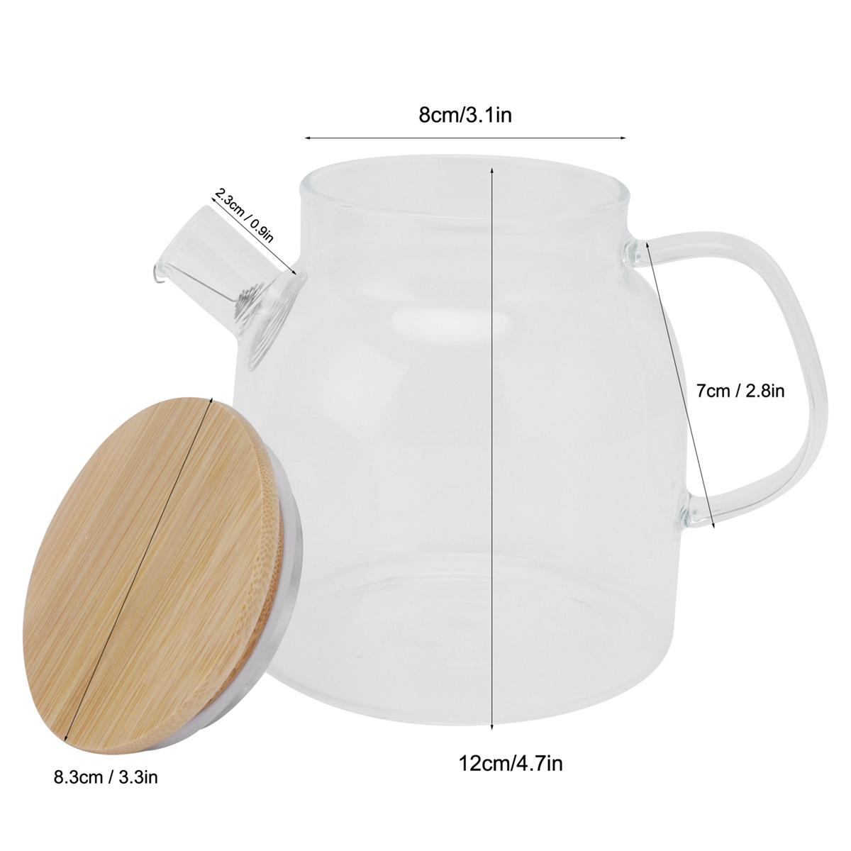 Eine klare Glas-Teekanne mit Holzdeckel. Maße sind in Zentimetern und Zoll angegeben.