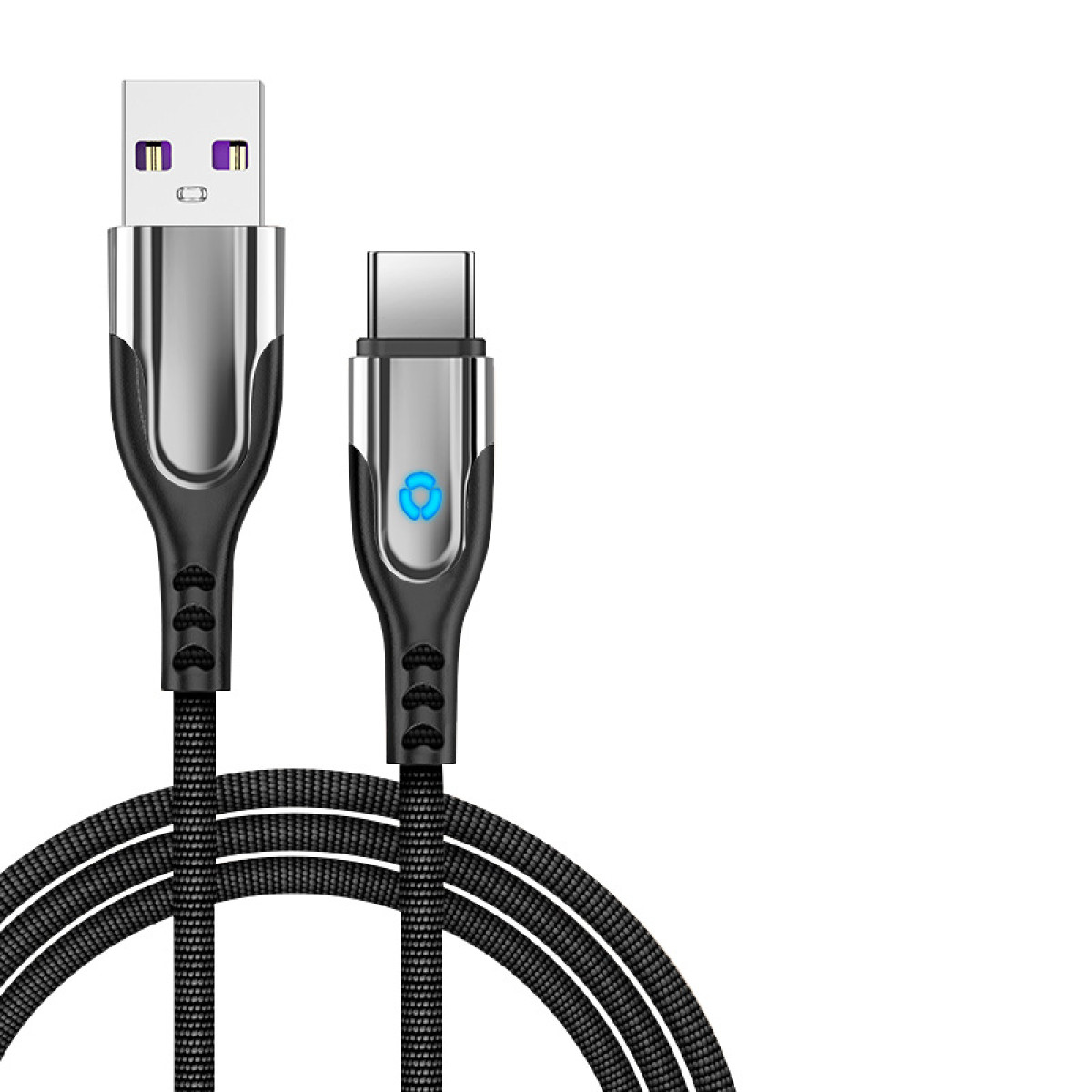 Schwarzes USB-A- auf USB-C-Kabel auf weißem Hintergrund. Ein blaues Licht leuchtet am USB-C-Ende.