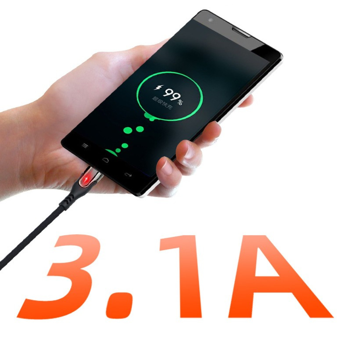 Hand hält Telefon beim Laden, 99% Akku. Schwarzes Kabel mit 3,1A-Text. Weißer Hintergrund.