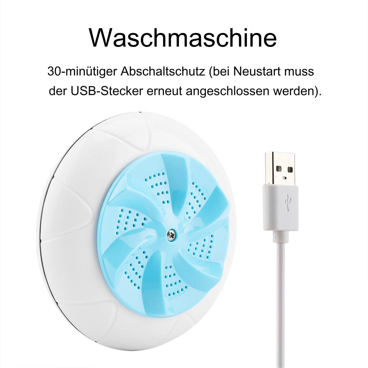 Weiße und blaue Waschmaschine mit USB-Kabel. Es hat eine blaue rotierende Mitte.