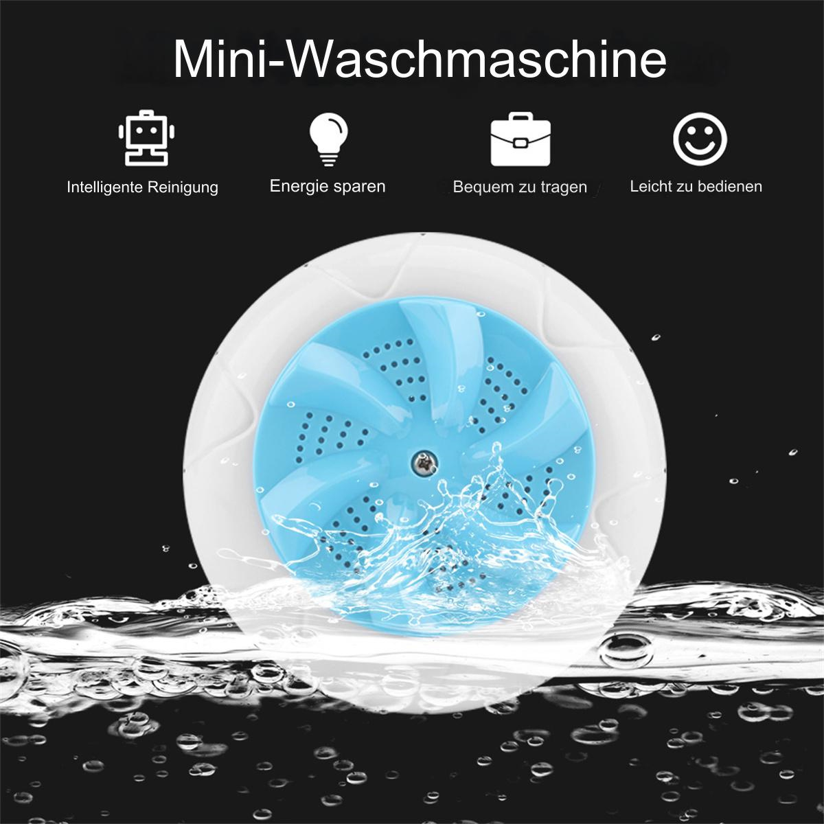 Eine Mini-Waschmaschine mit blau-weißem Innenraum und Symbolen darüber.