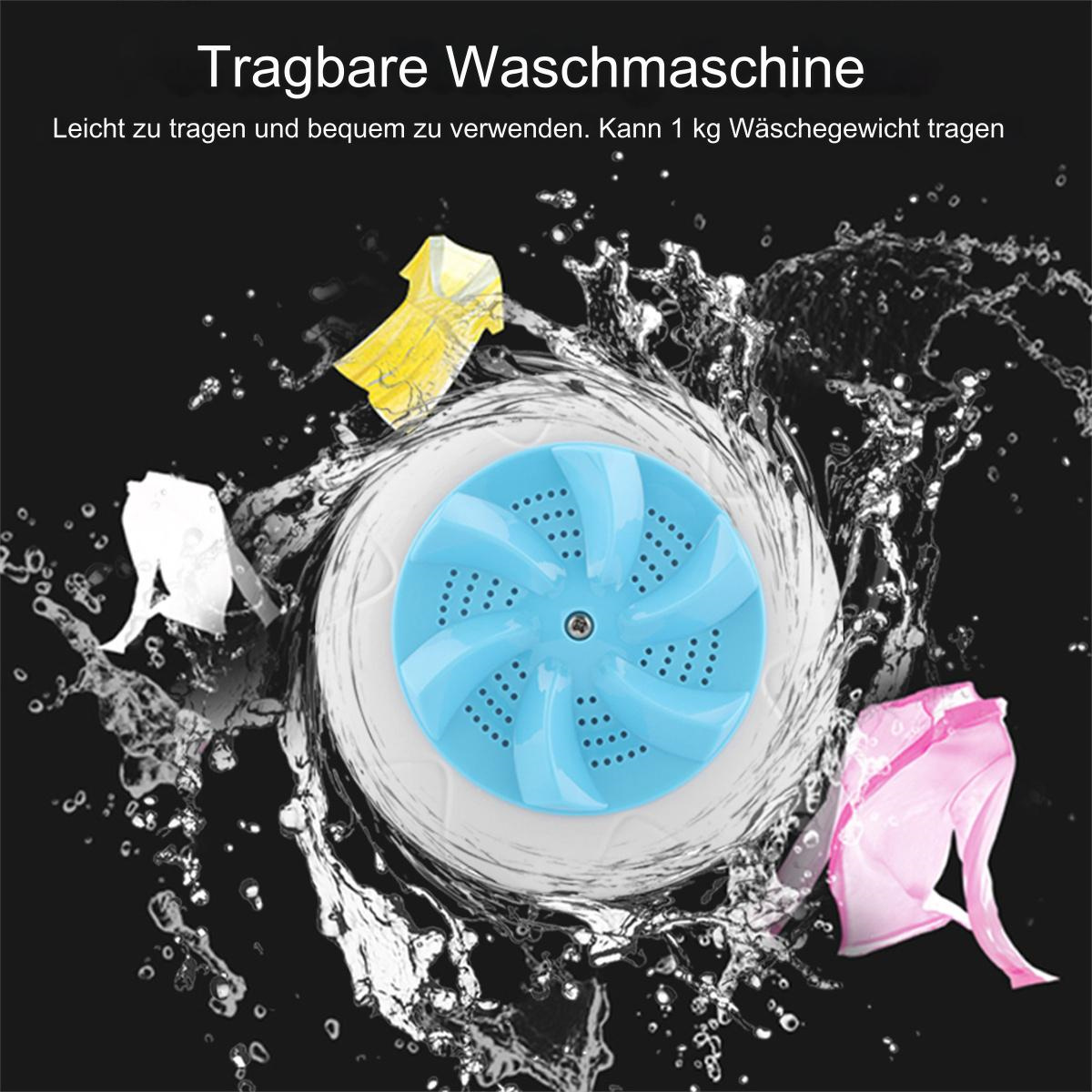 Tragbare Waschmaschine mit Wasserspritzern und Kleidung, blauer Rotor auf weißem Hintergrund.