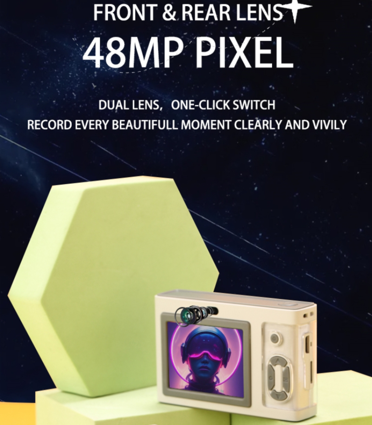 Schwarze Kamera mit Text 48MP Pixel und Dual-Objektiv. Gesicht einer Frau im Bildschirm.