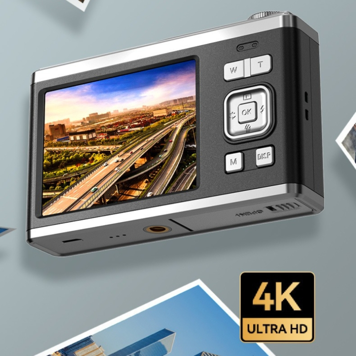 Digitalkamera zeigt Brücke und Stadtlandschaft auf dem Bildschirm, mit 4K Ultra HD.