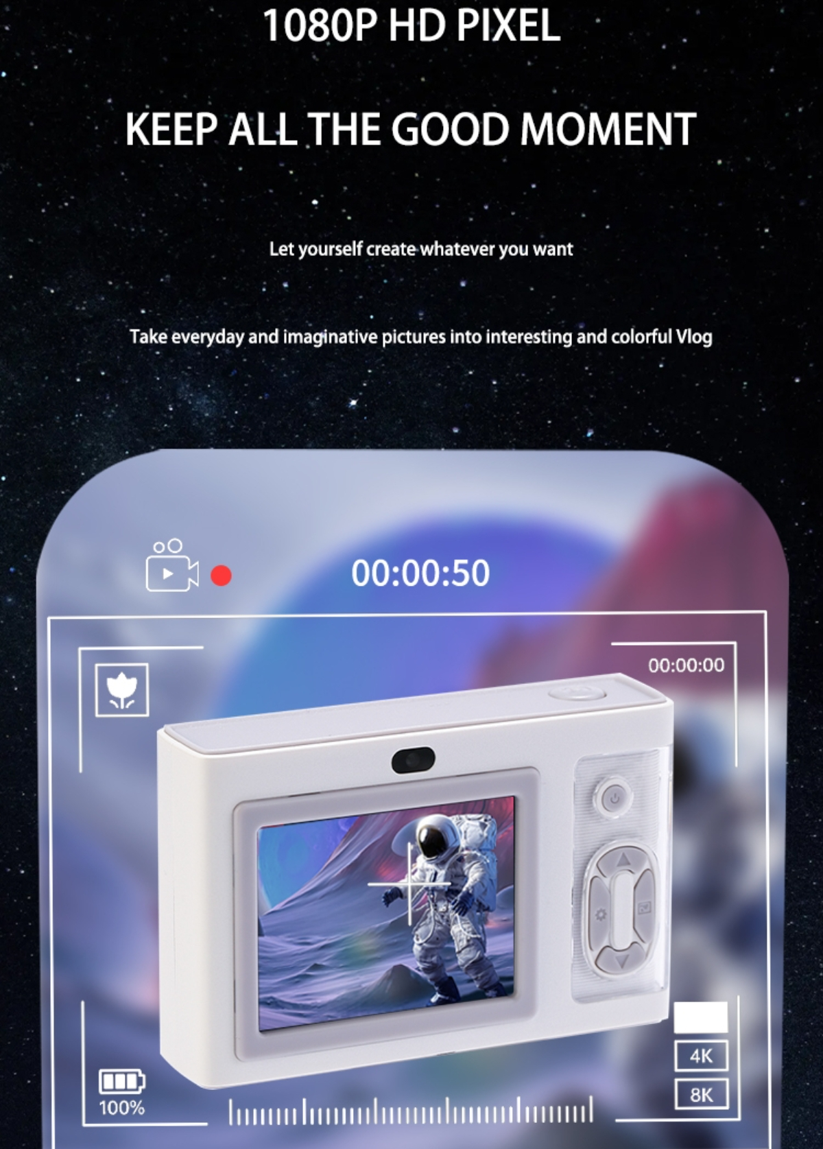 Weiße Digitalkamera, die eine Weltraumszene auf ihrem Bildschirm zeigt.