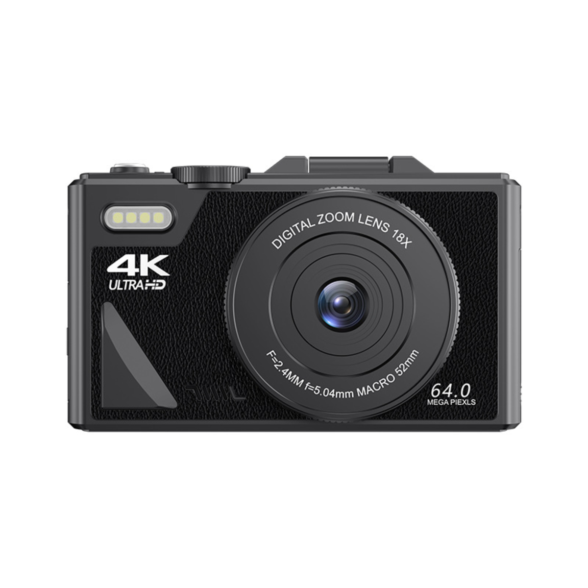 Schwarze Digitalkamera mit Digitalzoomobjektiv, Makro- und 4K-Ultra-Einstellungen.