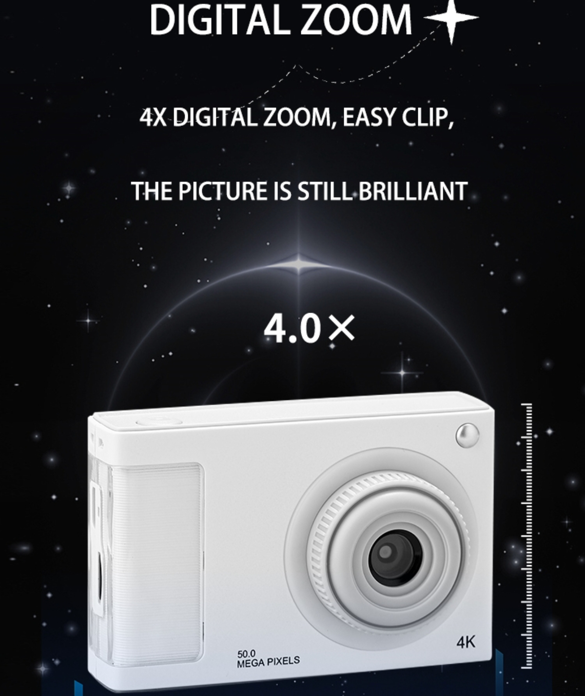 Weiße Digitalkamera mit großem Objektiv und 4x Zoom. Das Bild ist noch brillant.