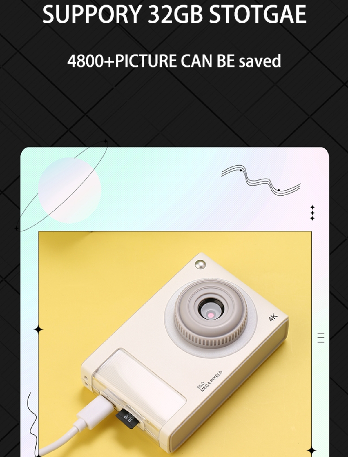 Weiße Kamera mit Text: Unterstützt 32 GB Speicher, kann über 4800 Bilder speichern. Ein gelber und schwarzer Hintergrund.